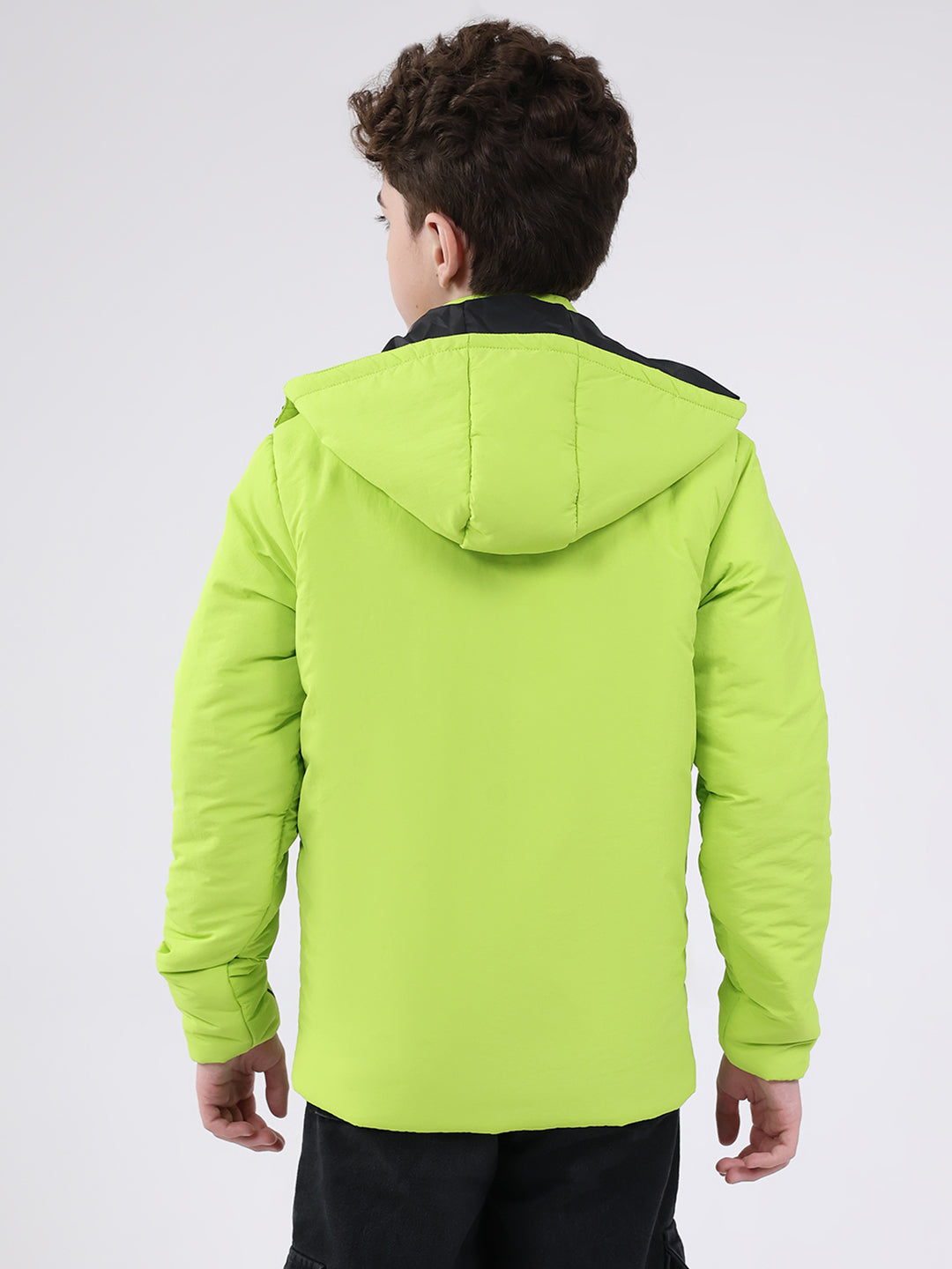 Boys Green Solid Hooded Full Sleeve Jacket