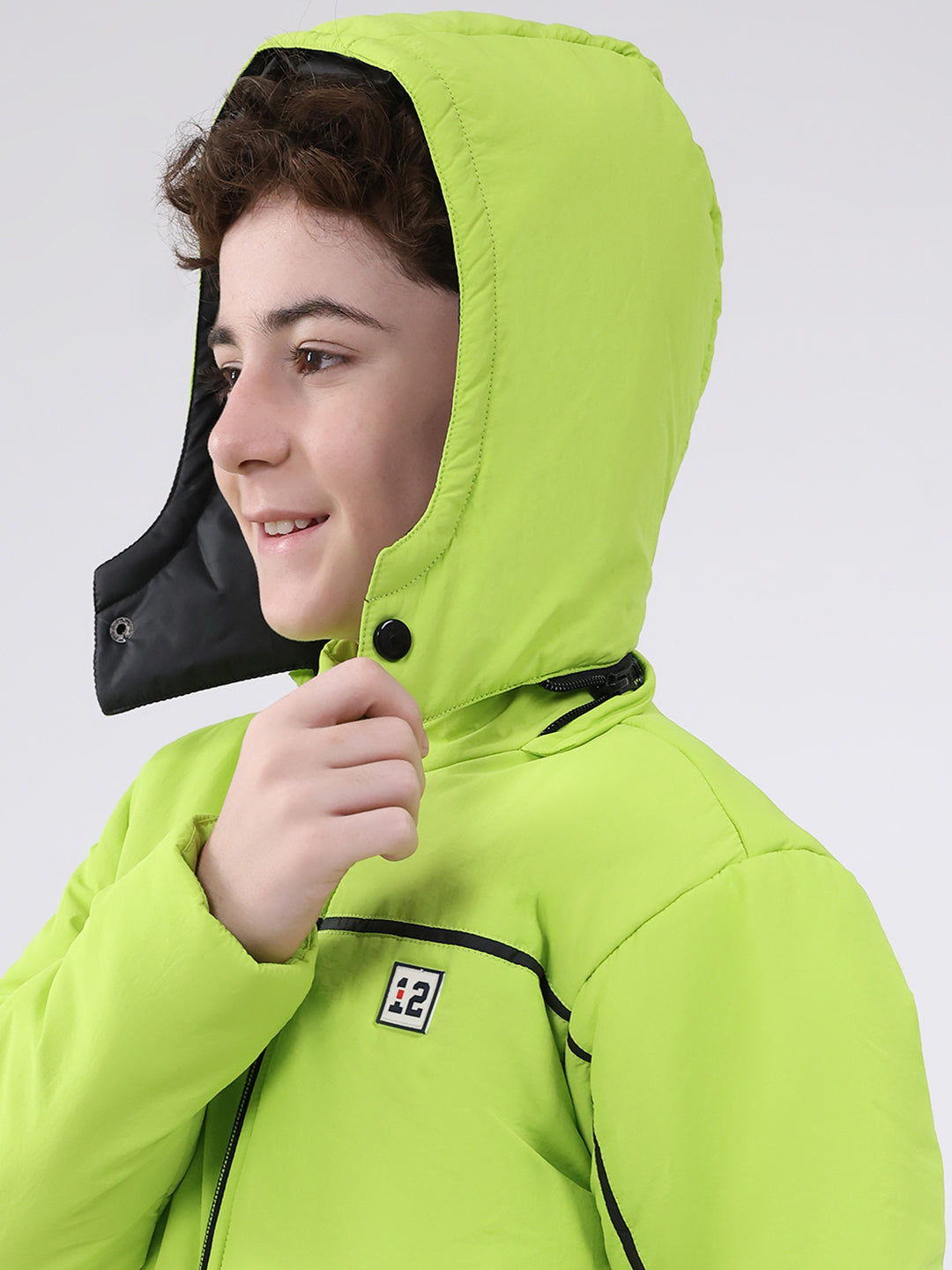 Boys Green Solid Hooded Full Sleeve Jacket