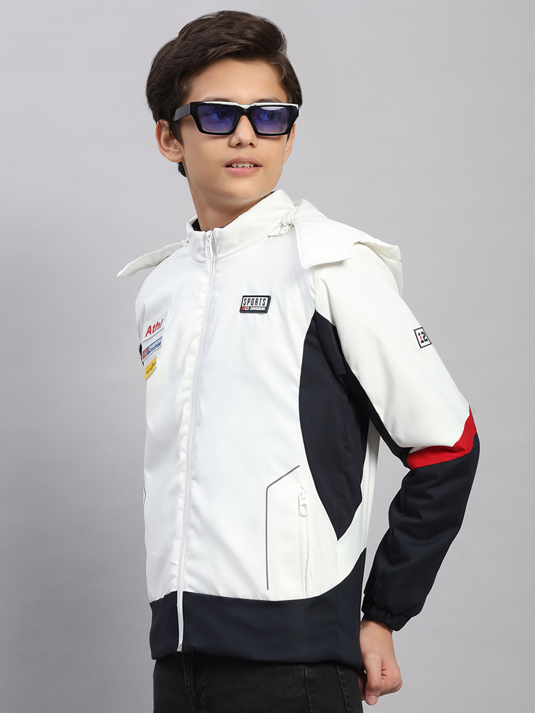 Boys White Solid Hooded Full Sleeve Jacket