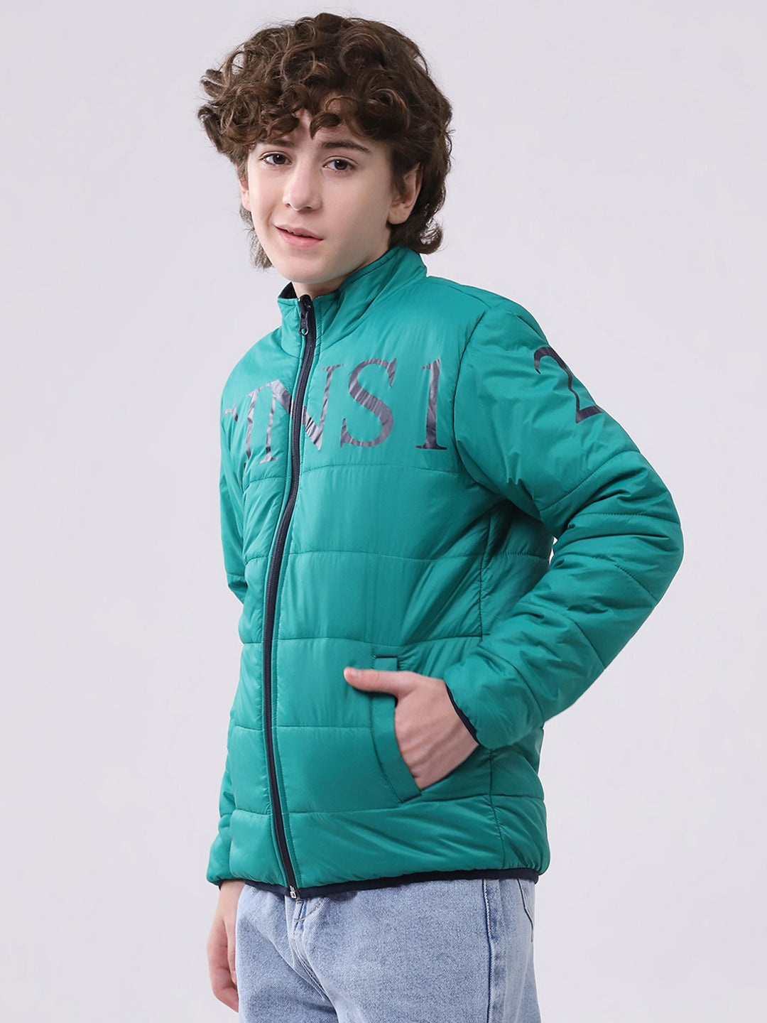 Boys Green Printed Mock Neck Full Sleeve Boys Reversible Jacket
