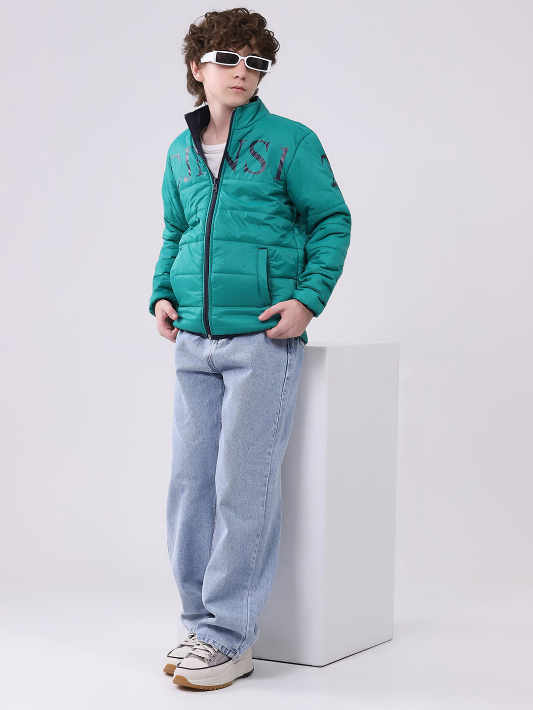 Boys Green Printed Mock Neck Full Sleeve Boys Reversible Jacket