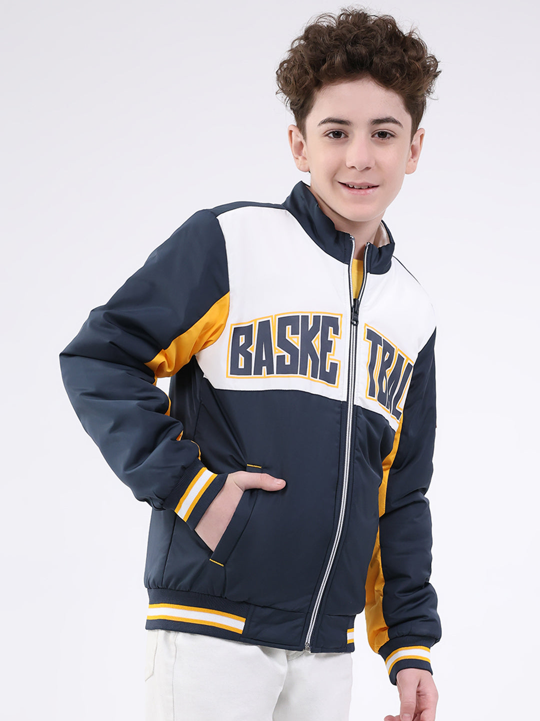 Boys Navy Blue Printed Mock Neck Full Sleeve Jacket