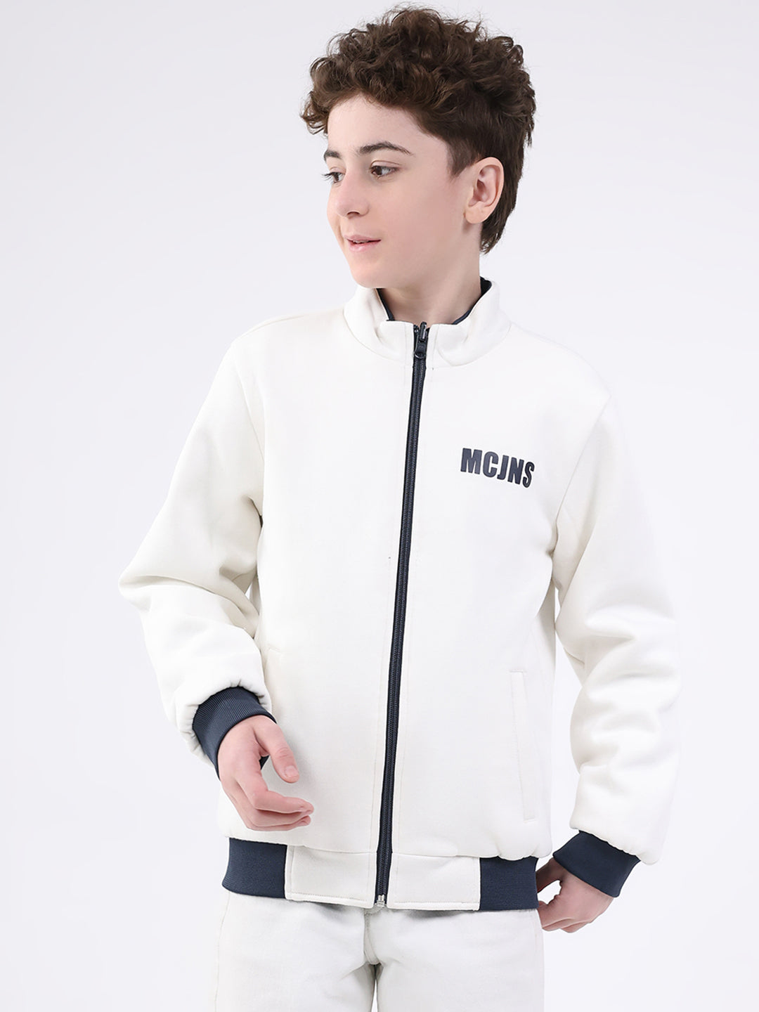 Boys Navy Blue Printed Mock Neck Full Sleeve Jacket