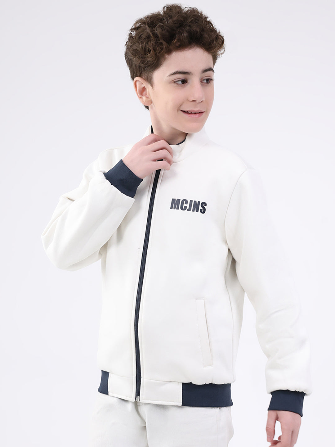 Boys Navy Blue Printed Mock Neck Full Sleeve Jacket