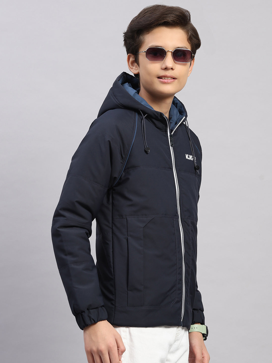 Boys Navy Blue Printed Hooded Full Sleeve Jacket