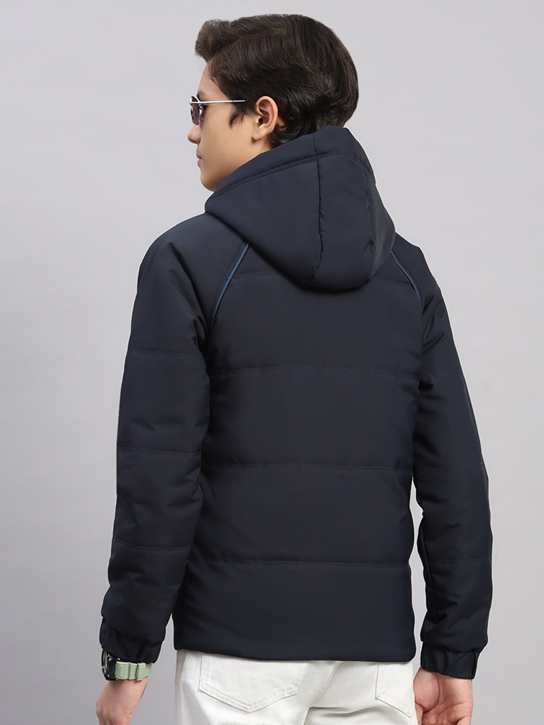 Boys Navy Blue Printed Hooded Full Sleeve Jacket