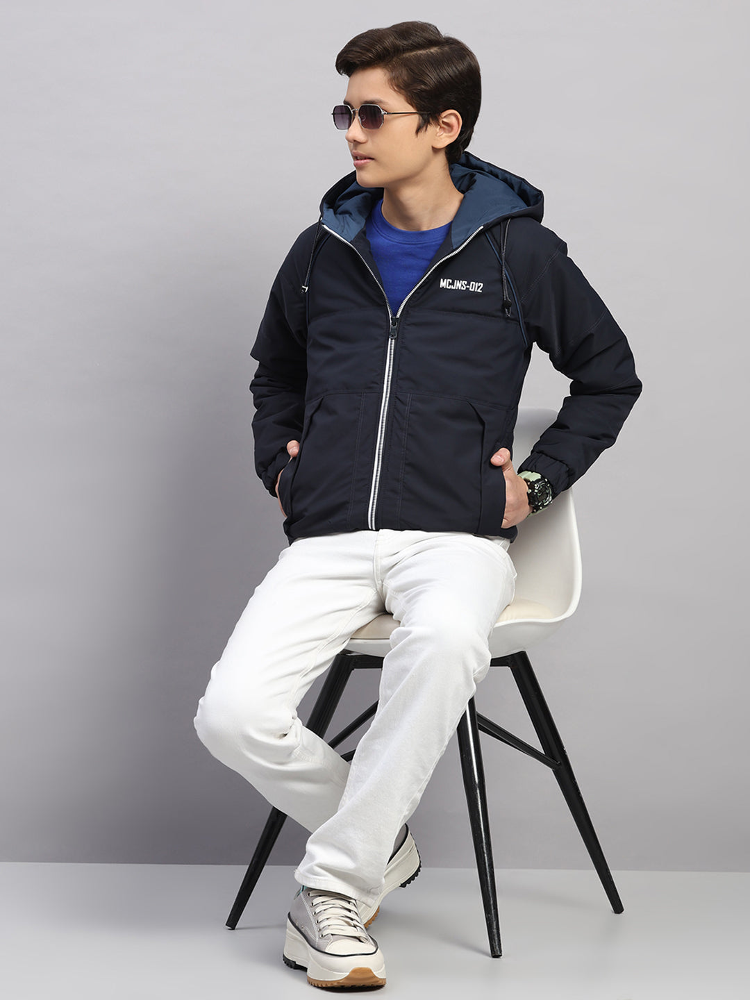 Boys Navy Blue Printed Hooded Full Sleeve Jacket