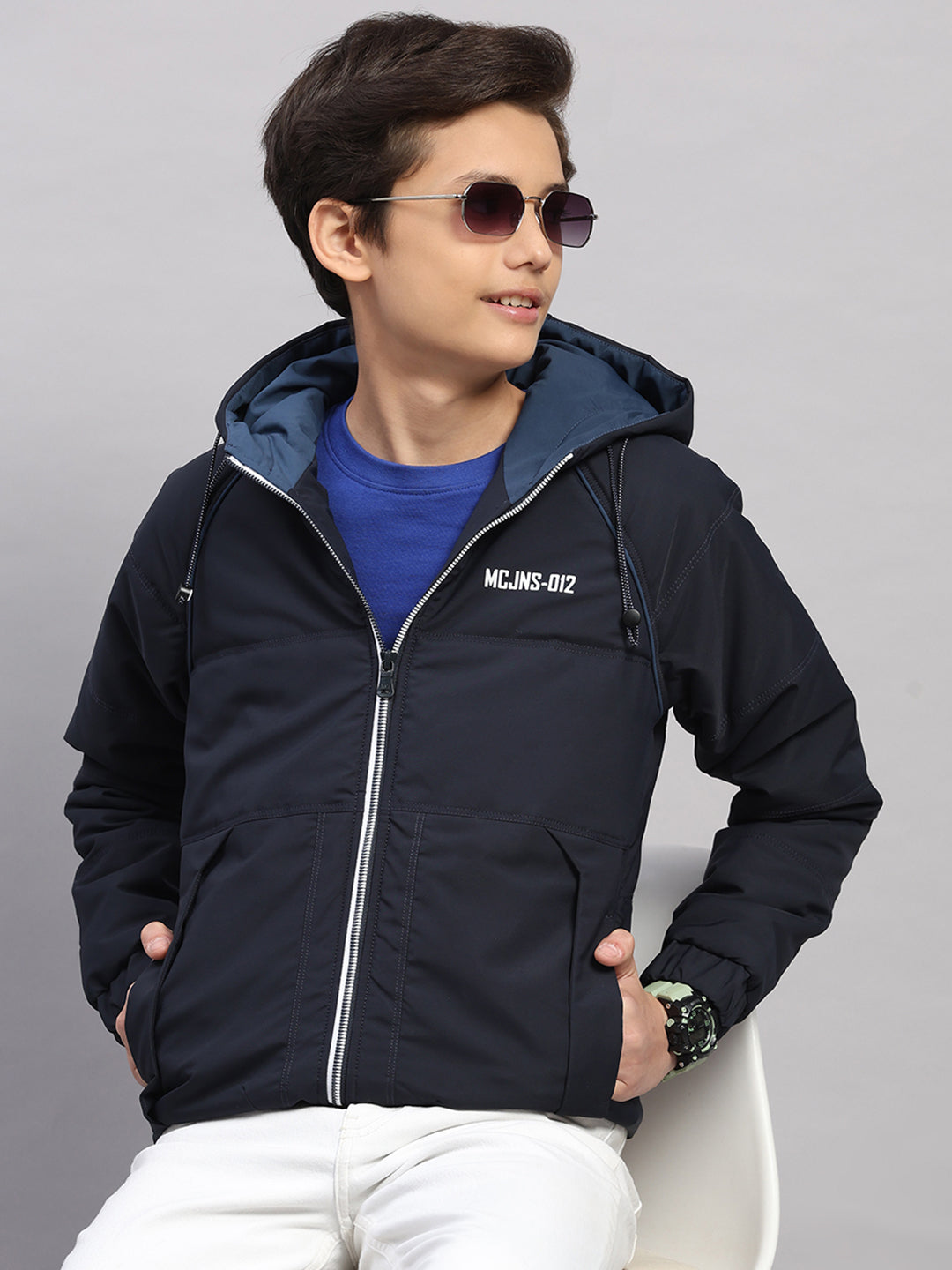 Boys Navy Blue Printed Hooded Full Sleeve Jacket