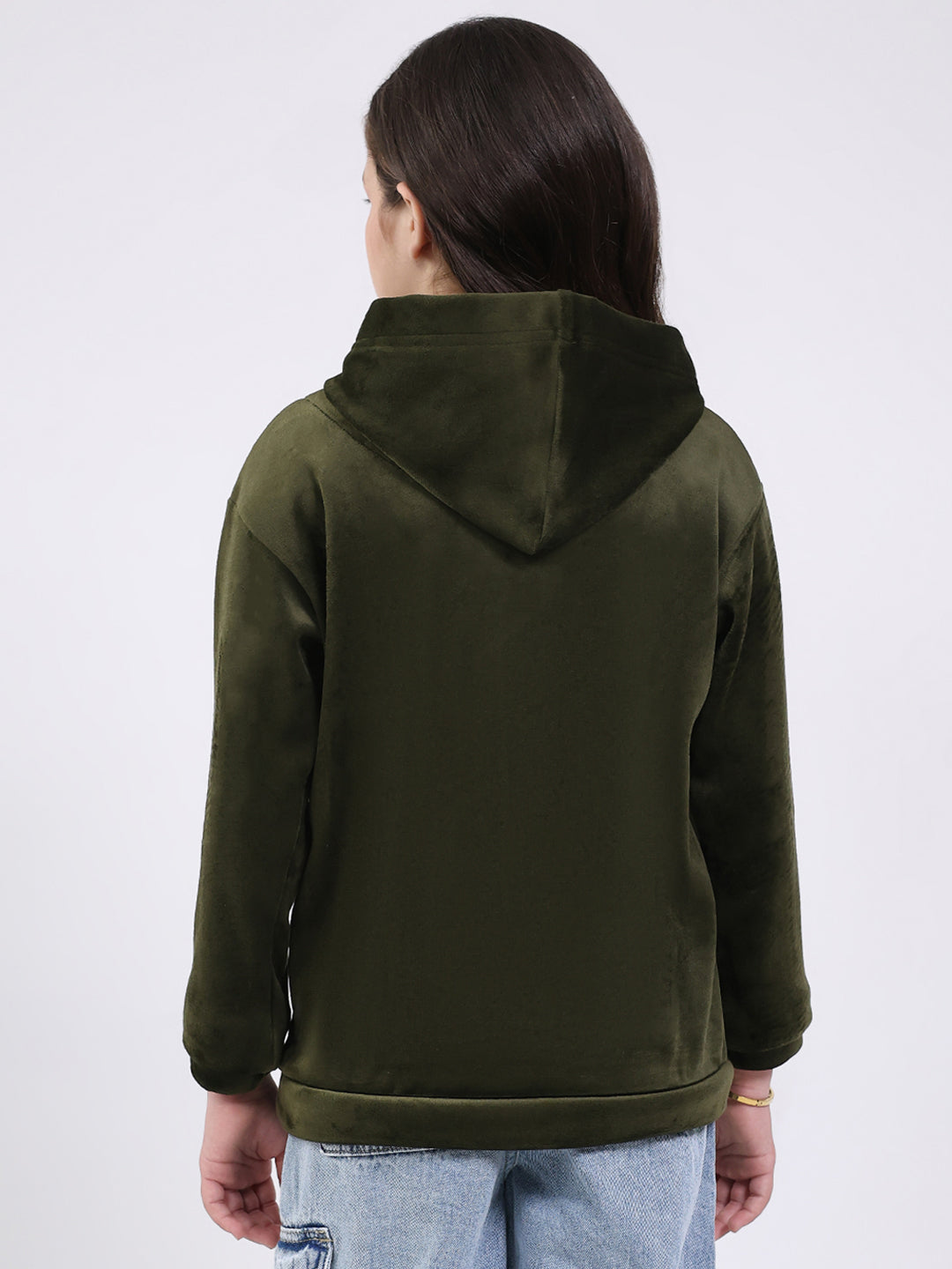 Girls Olive Solid Hooded Full Sleeve Sweatshirt