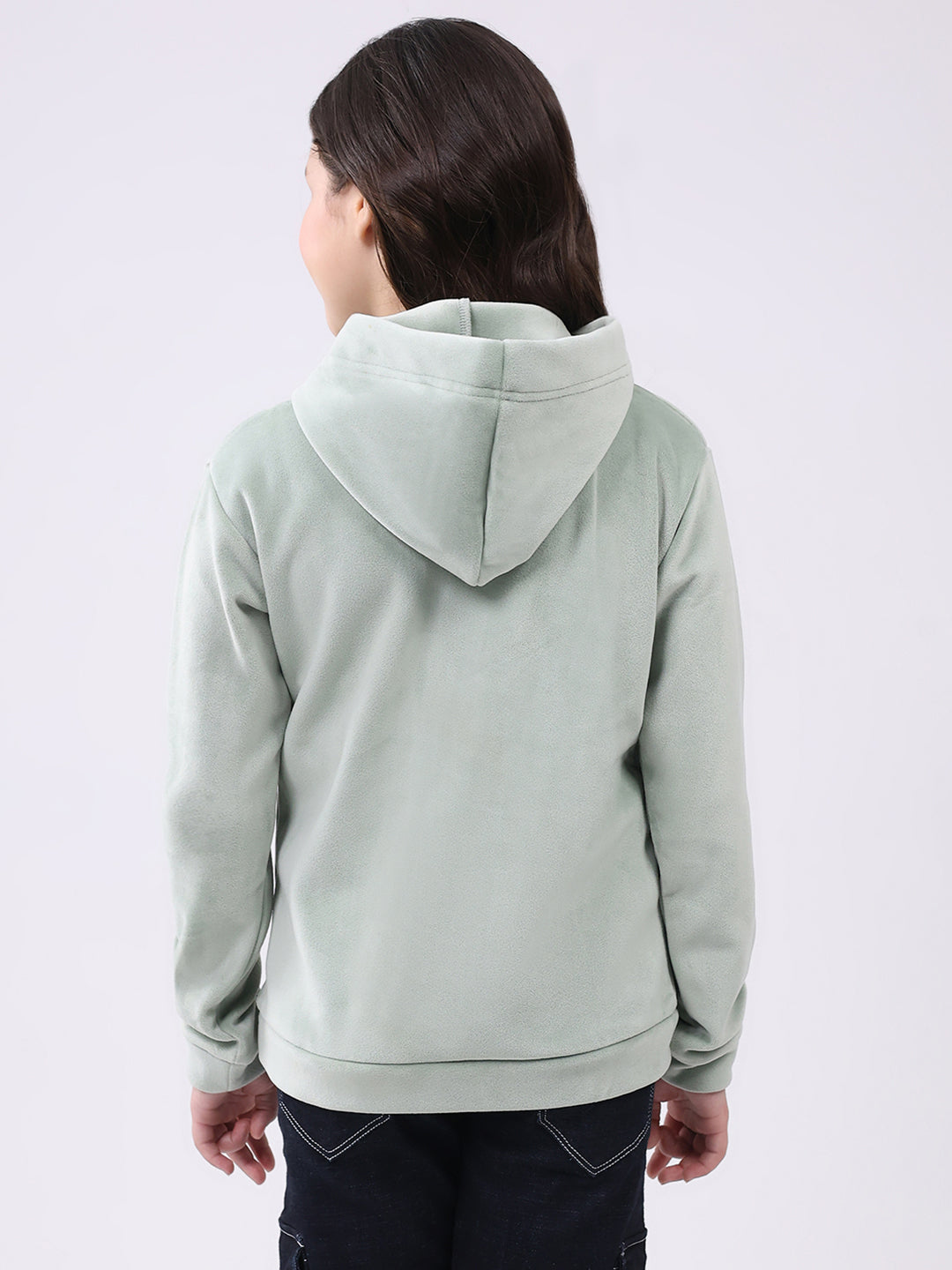 Girls Green Solid Hooded Full Sleeve Sweatshirt
