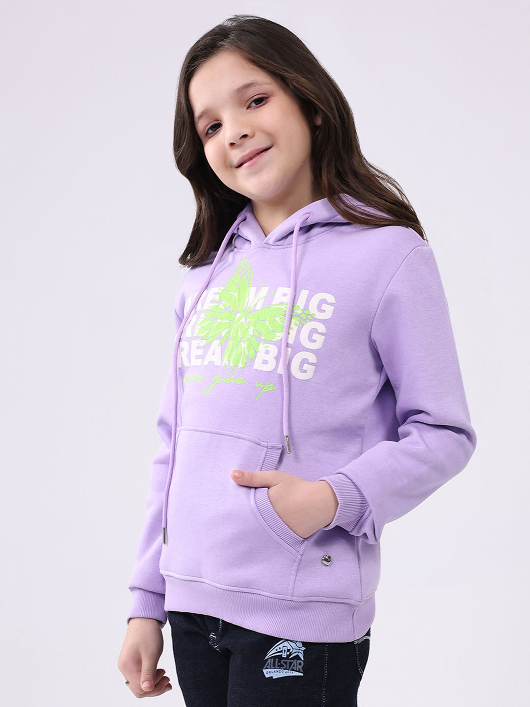 Girls Purple Printed Hooded Full Sleeve Sweatshirt