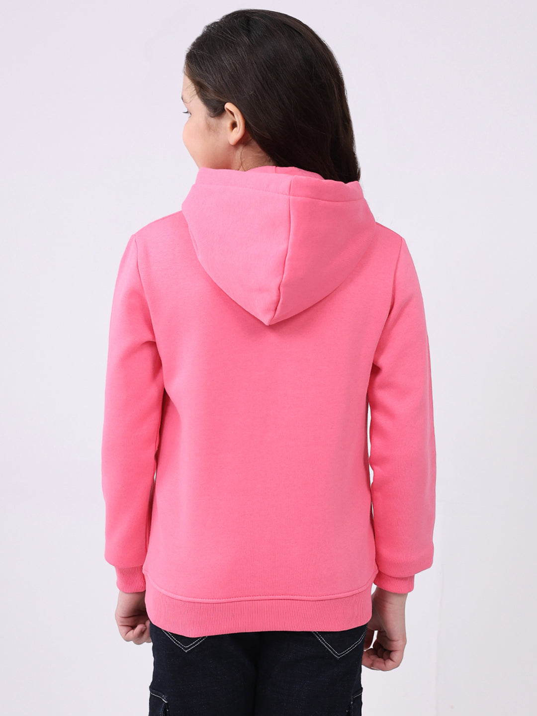 Girls Pink Printed Hooded Full Sleeve Sweatshirt