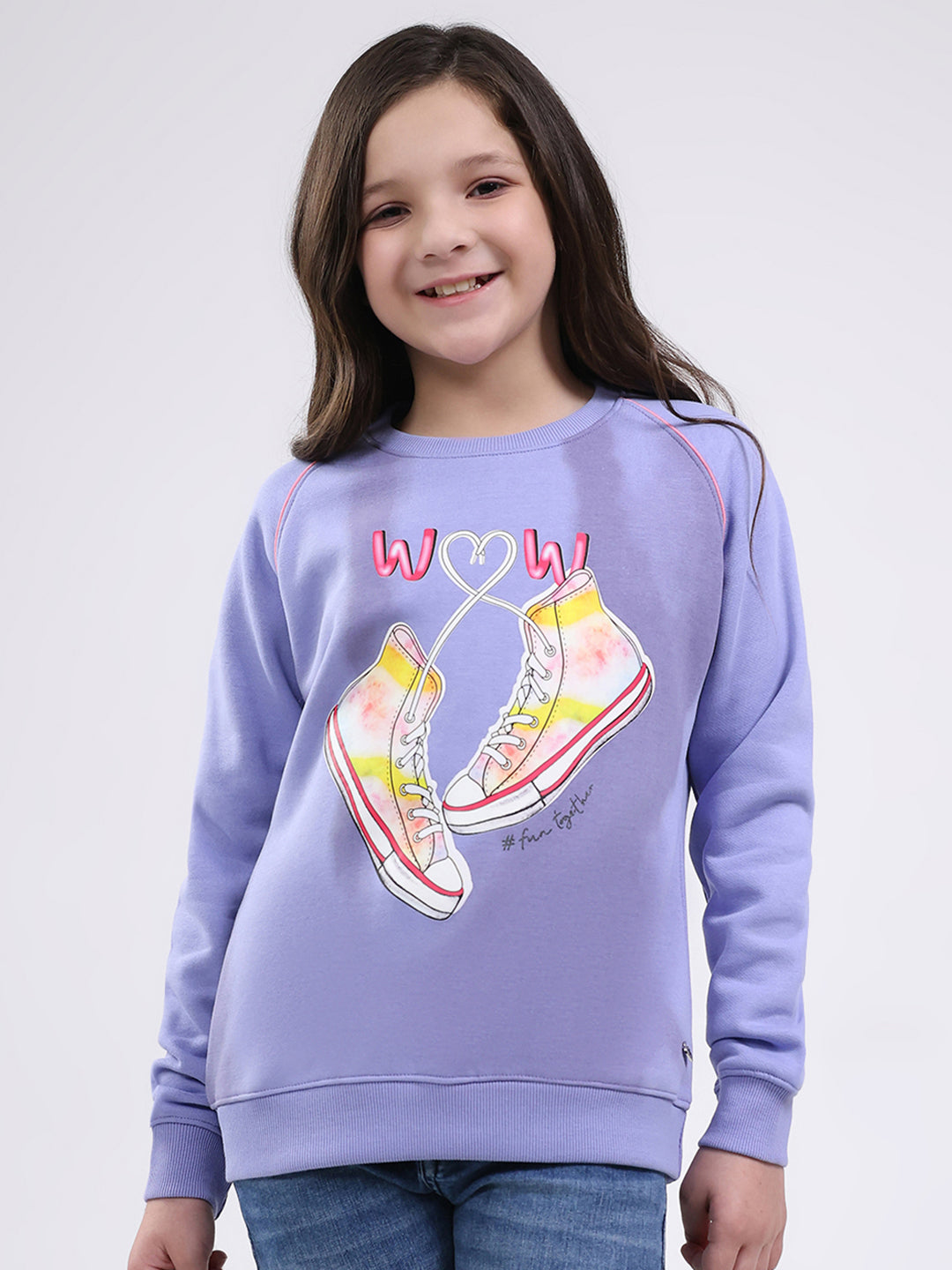 Girls Purple Printed Round Neck Full Sleeve Sweatshirt