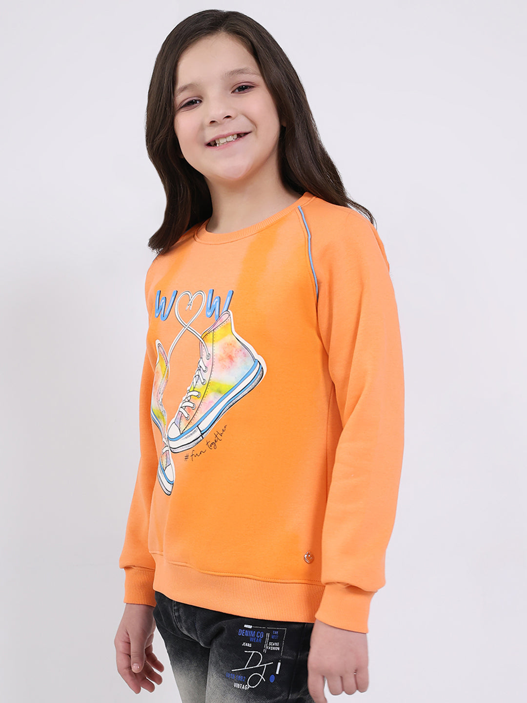 Girls Orange Printed Round Neck Full Sleeve Sweatshirt