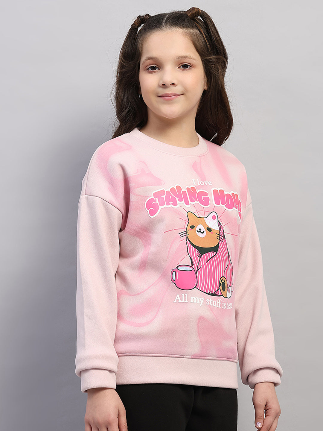Girls Pink Printed Round Neck Full Sleeve Sweatshirt
