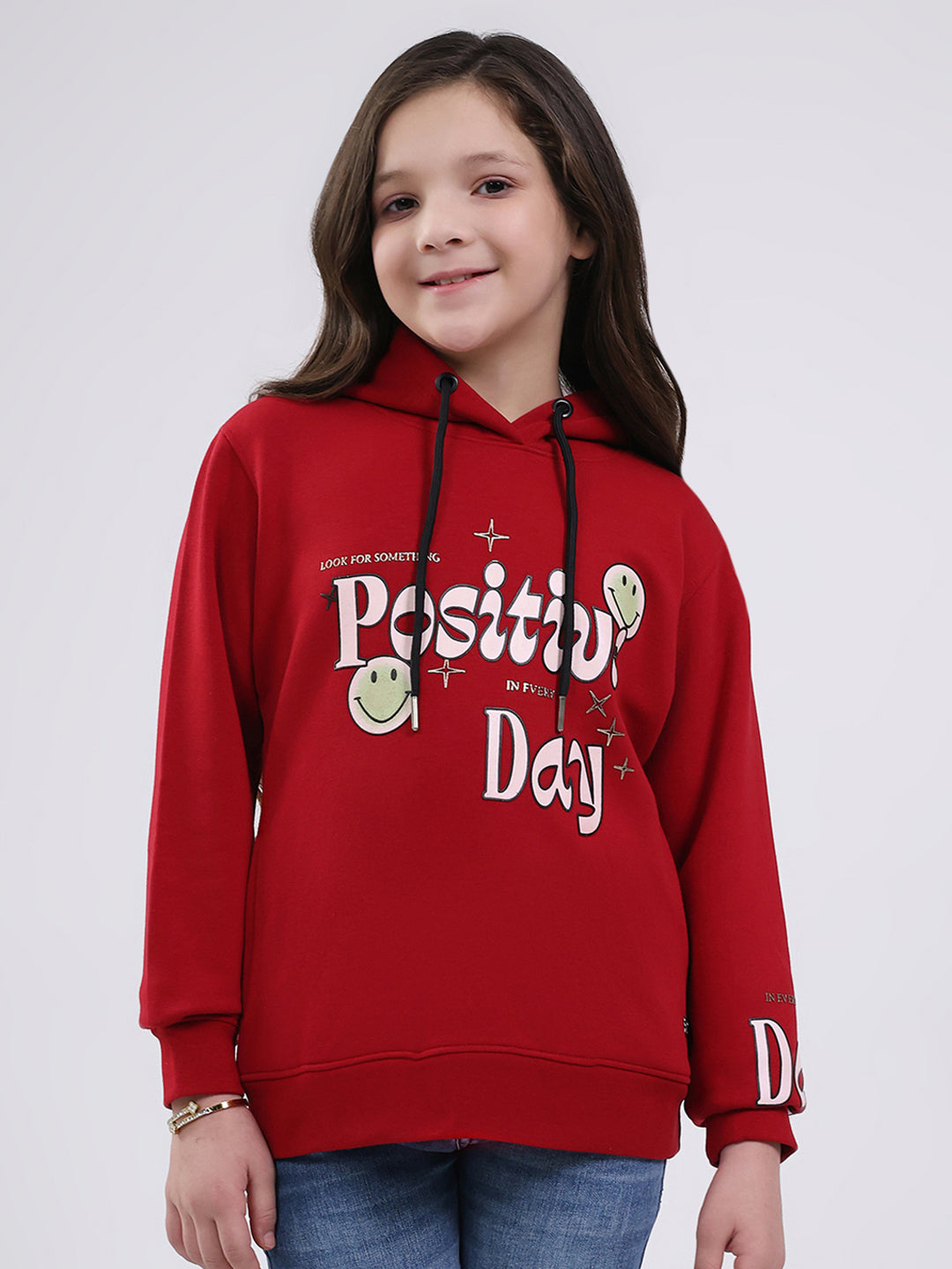 Girls Maroon Printed Hooded Full Sleeve Sweatshirt