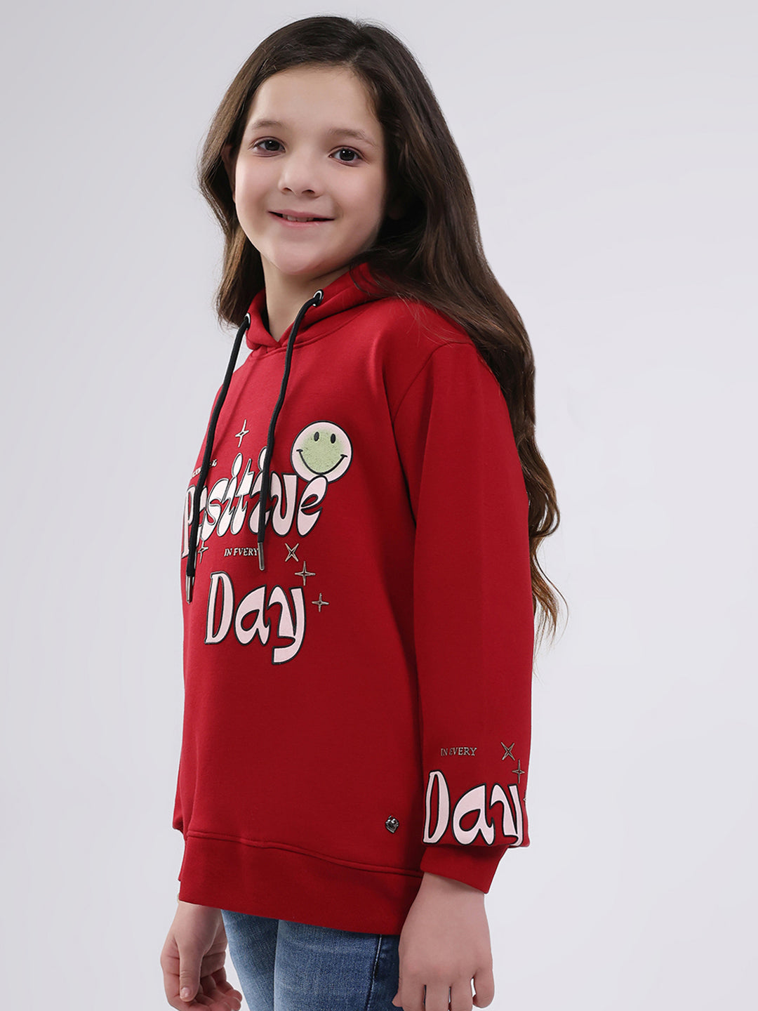 Girls Maroon Printed Hooded Full Sleeve Sweatshirt