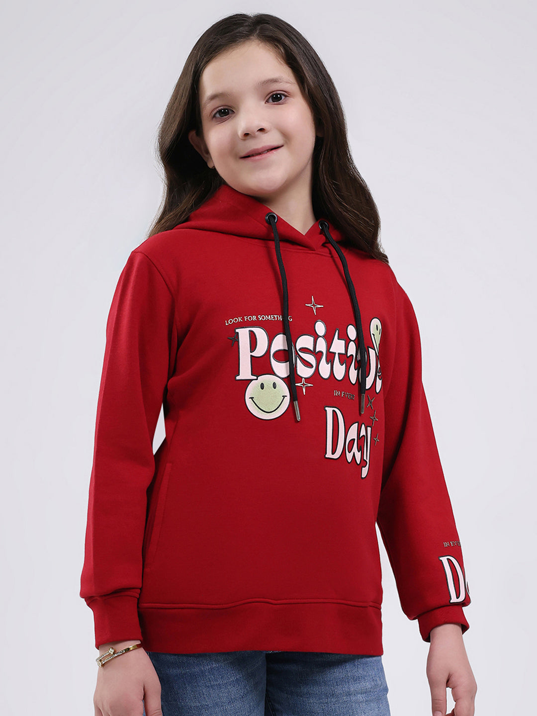 Girls Maroon Printed Hooded Full Sleeve Sweatshirt