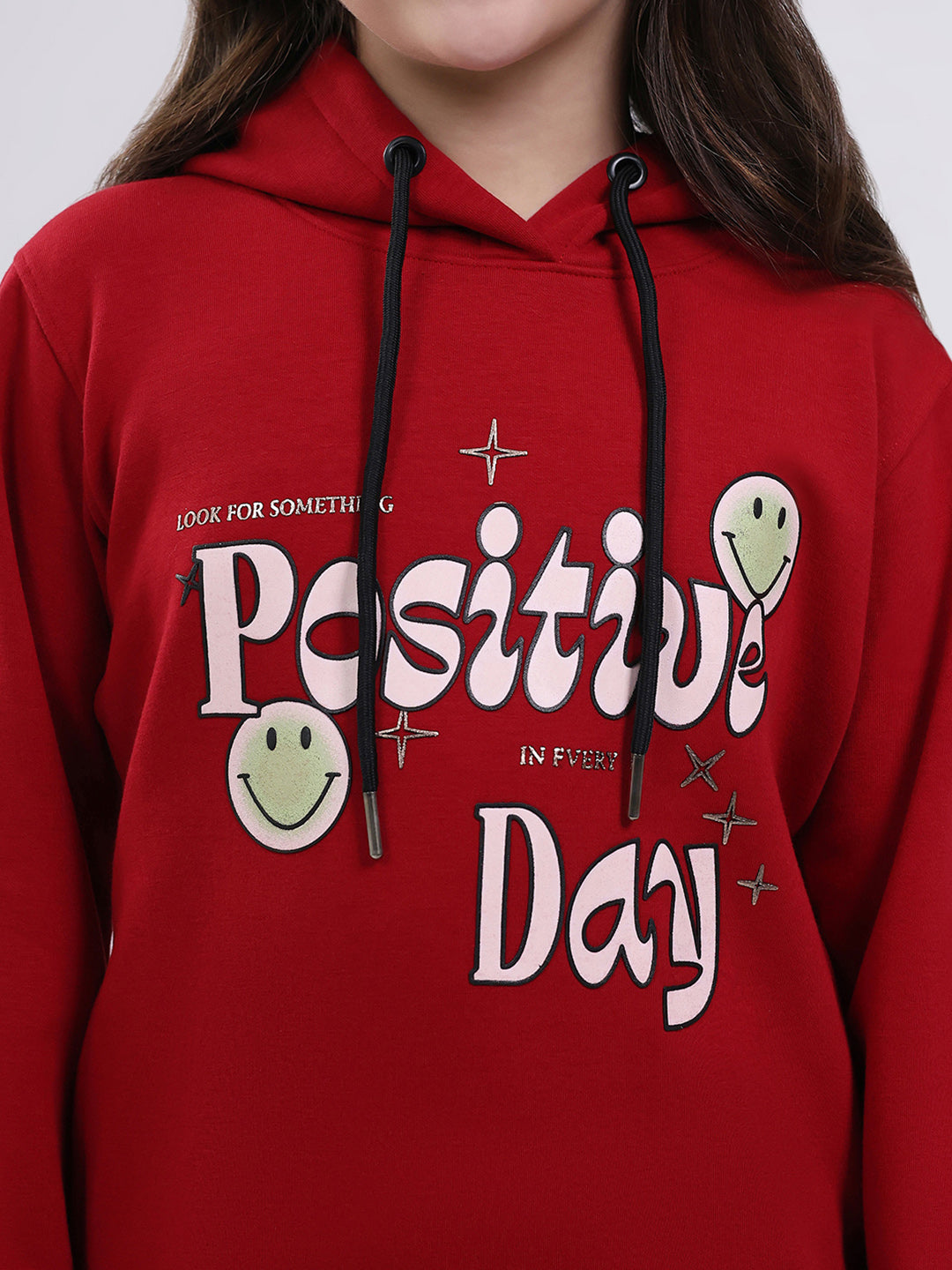 Girls Maroon Printed Hooded Full Sleeve Sweatshirt