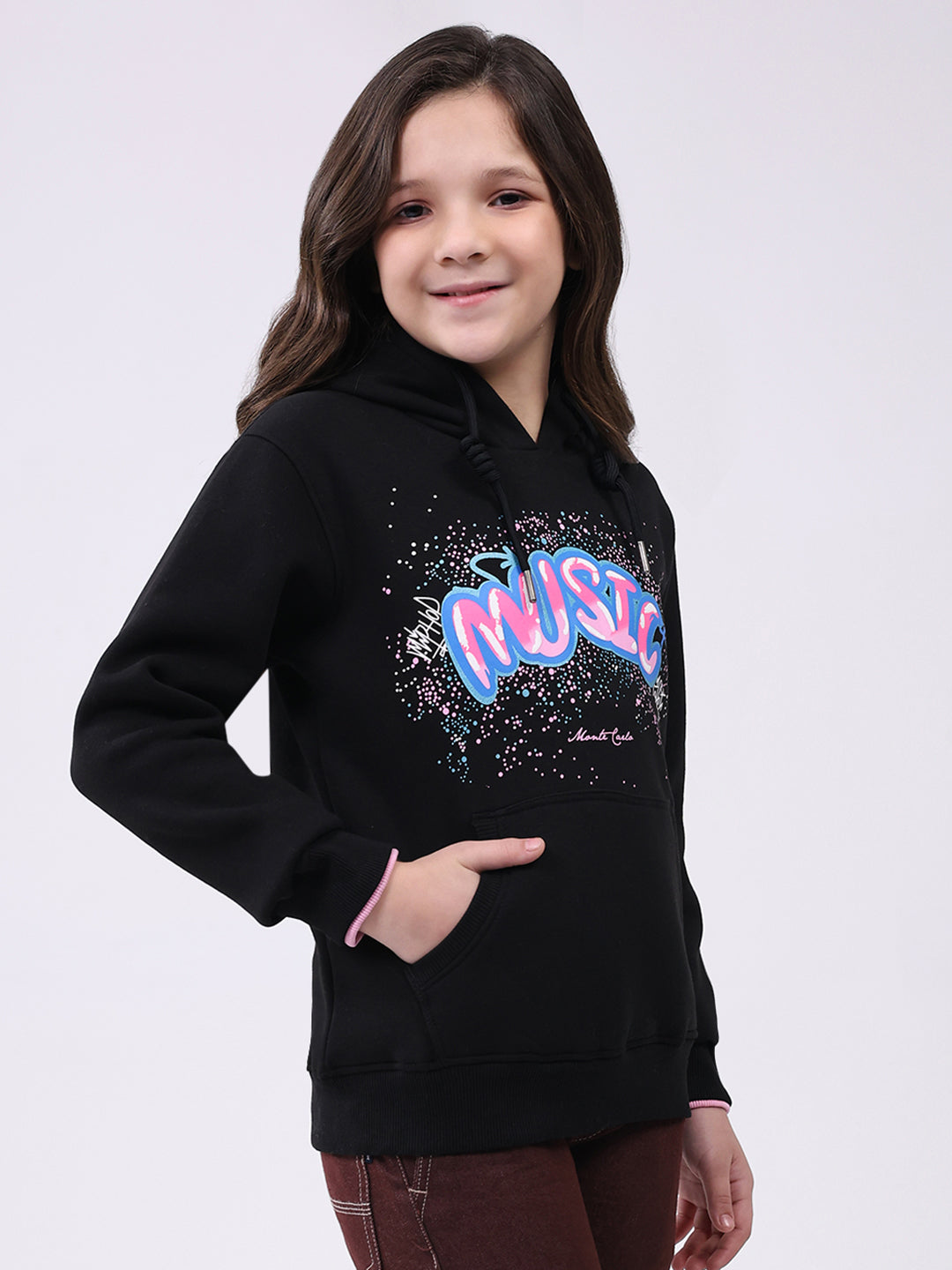 Girls Black Printed Hooded Full Sleeve Sweatshirt