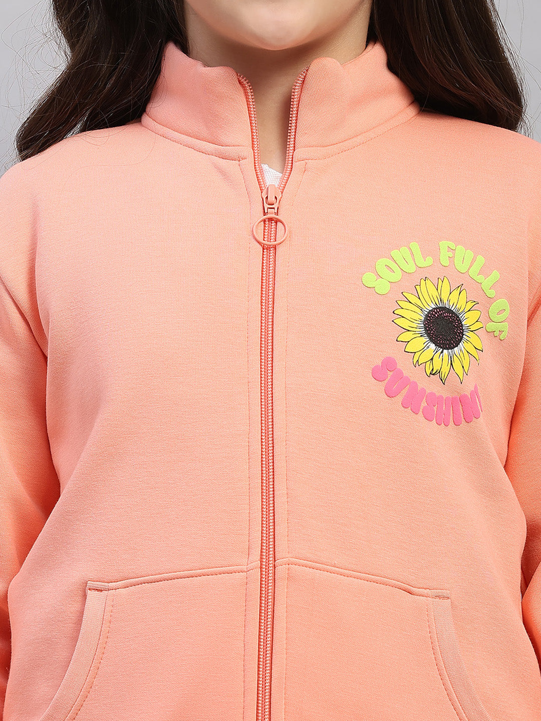 Girls Peach Printed Mock Neck Full Sleeve Sweatshirt