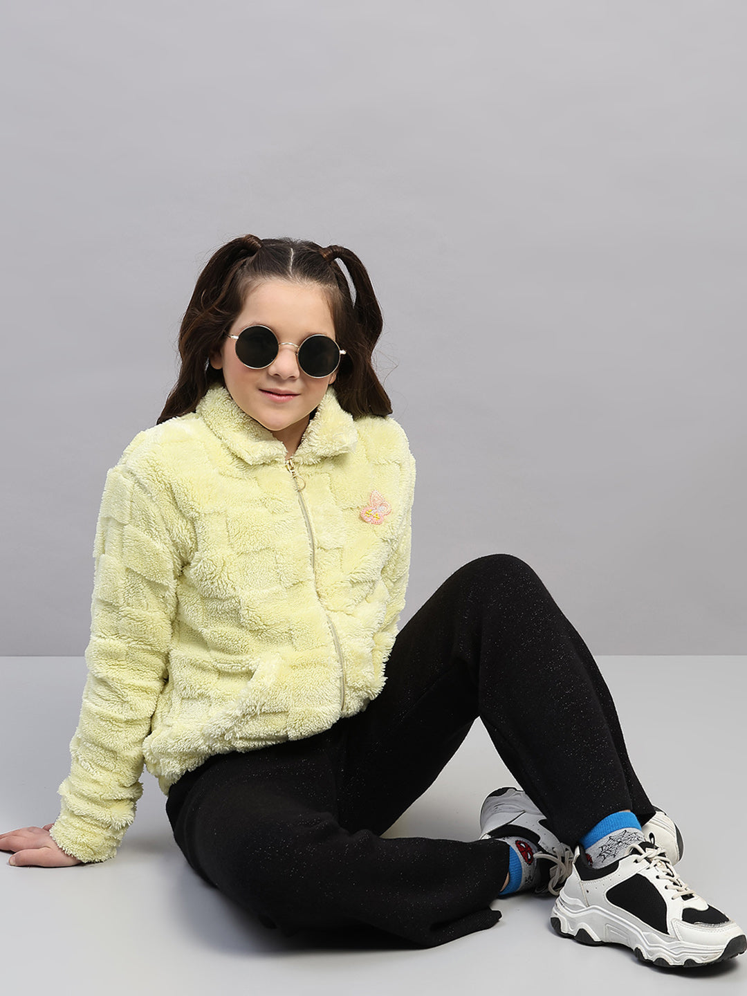 Girls Lime Green Self Design Collar Full Sleeve Sweatshirt