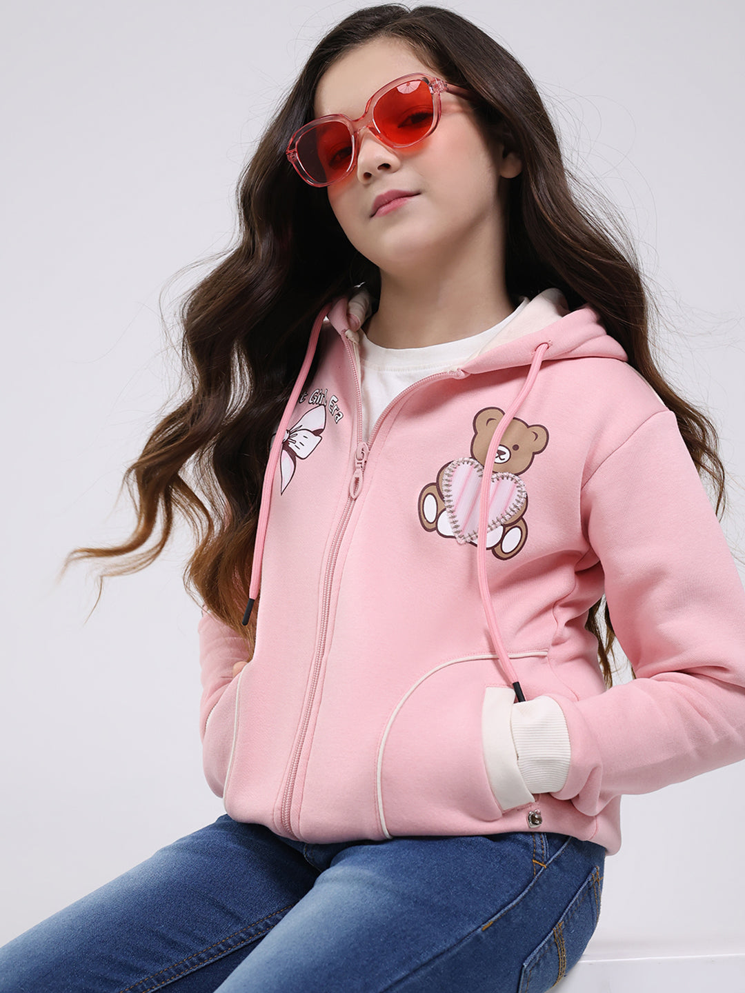 Girls Peach Printed Hooded Full Sleeve Sweatshirt