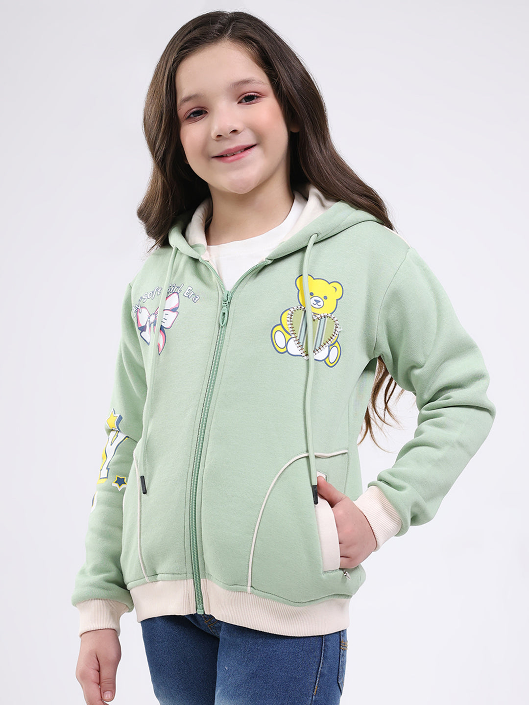 Girls Green Printed Hooded Full Sleeve Sweatshirt