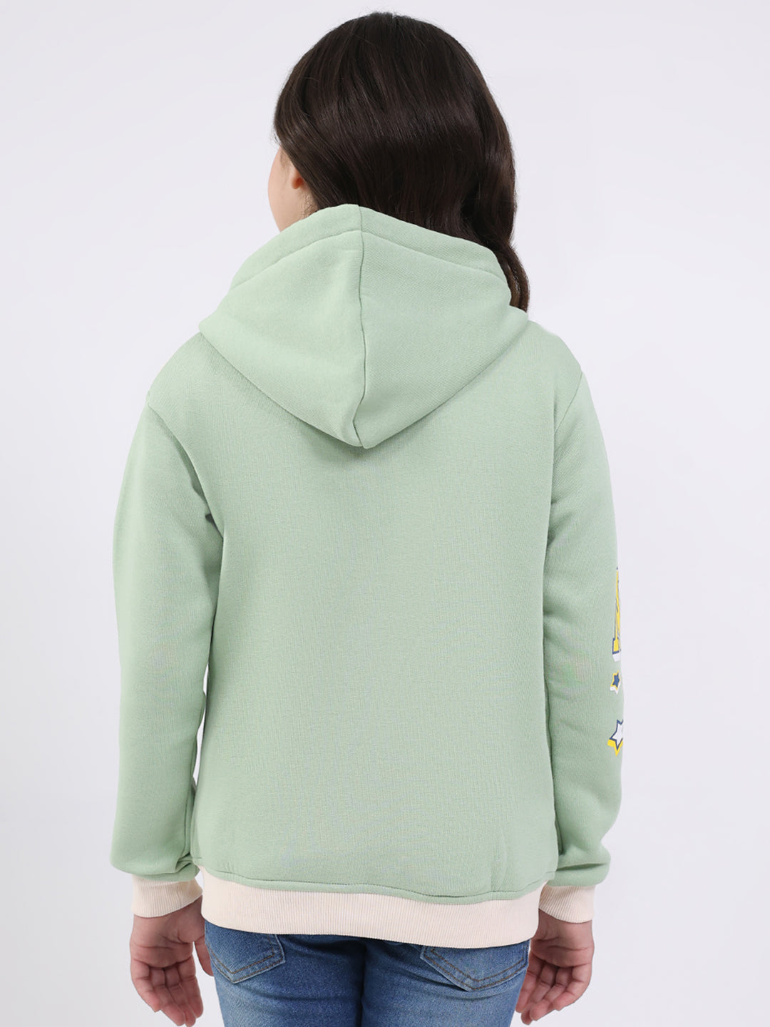 Girls Green Printed Hooded Full Sleeve Sweatshirt