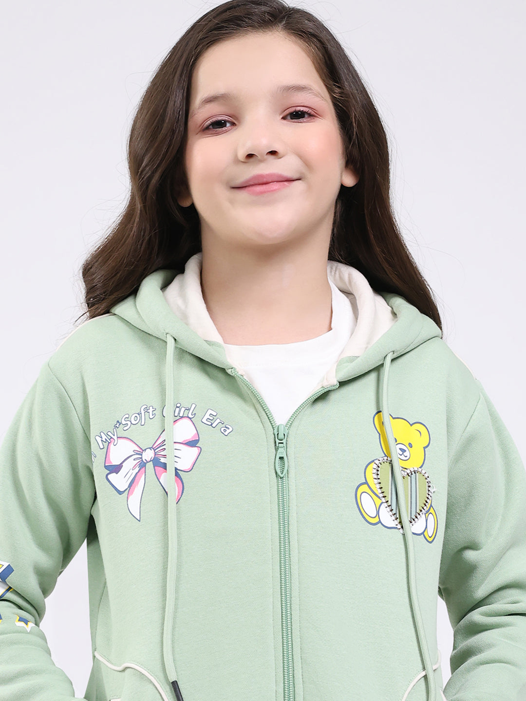 Girls Green Printed Hooded Full Sleeve Sweatshirt