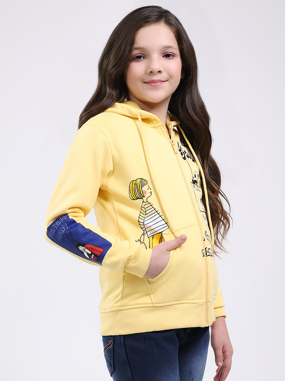 Girls Yellow Printed Hooded Full Sleeve Sweatshirt