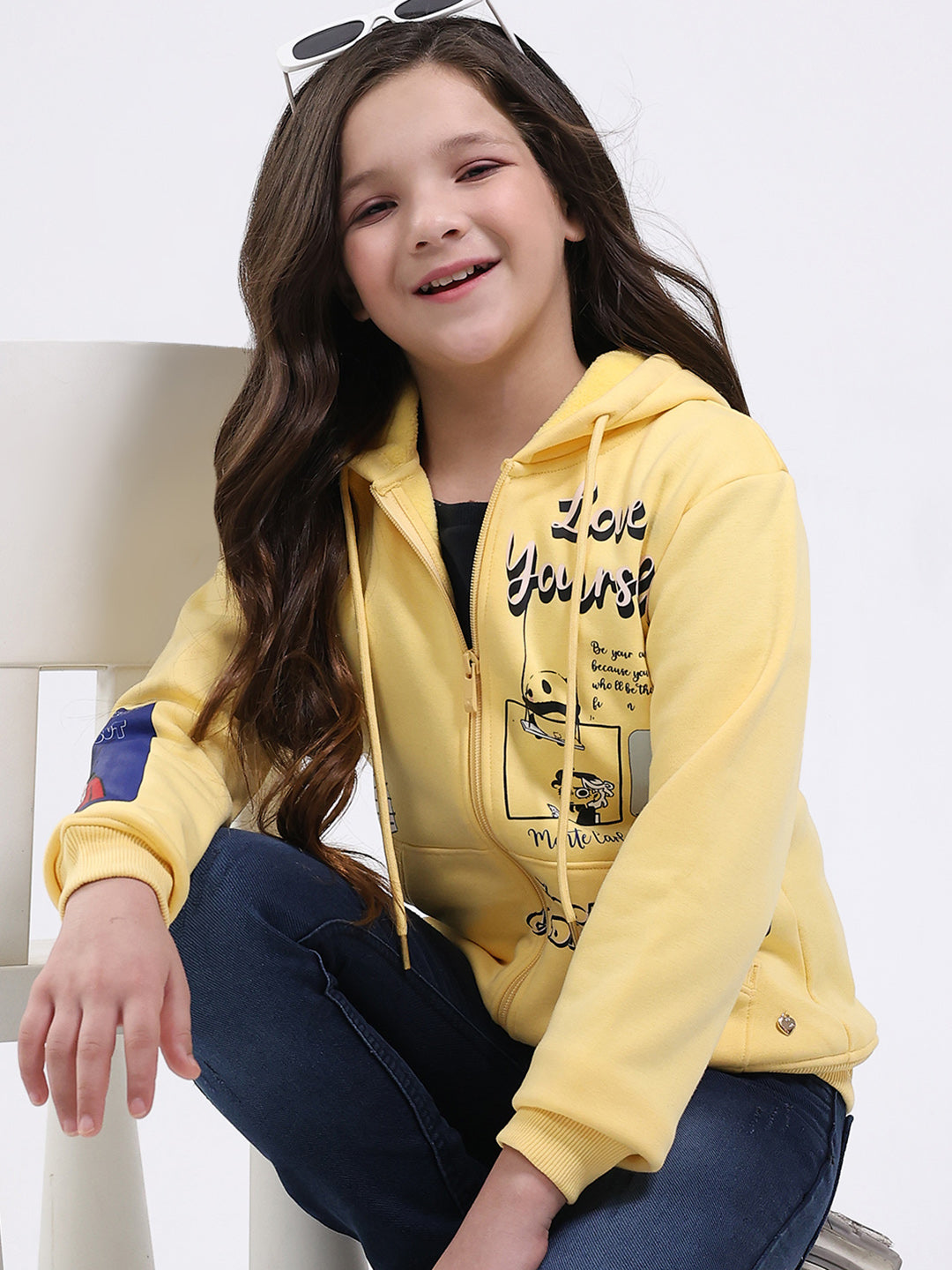 Girls Yellow Printed Hooded Full Sleeve Sweatshirt