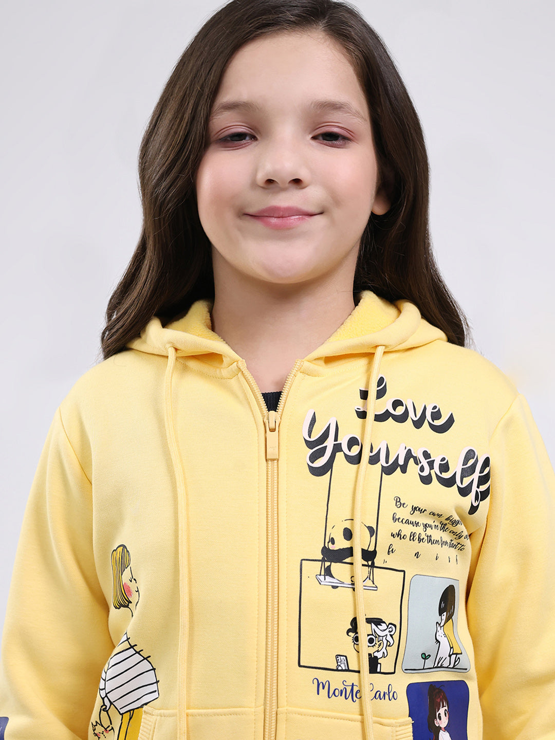 Girls Yellow Printed Hooded Full Sleeve Sweatshirt