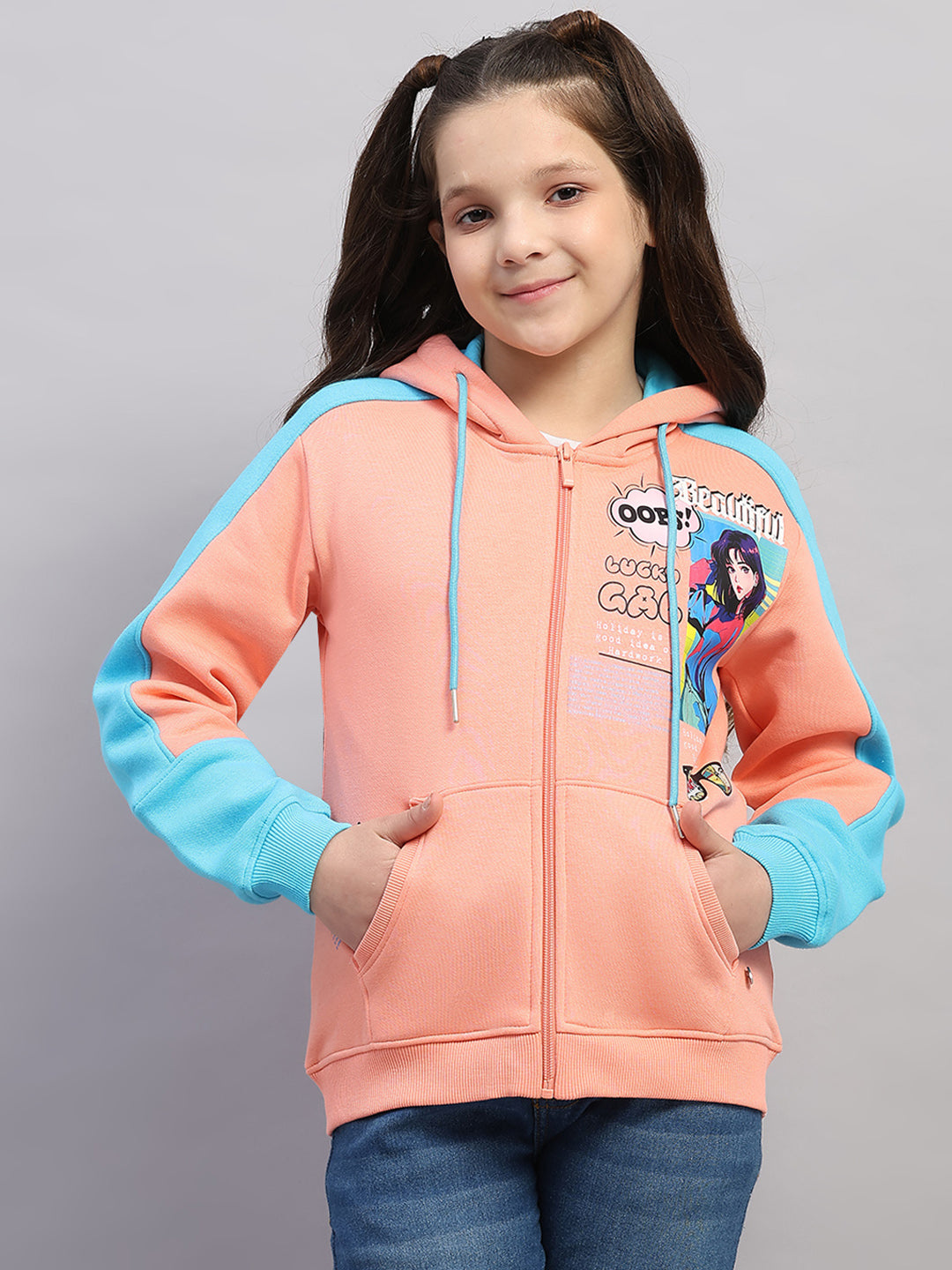 Girls Peach Printed Hooded Full Sleeve Sweatshirt