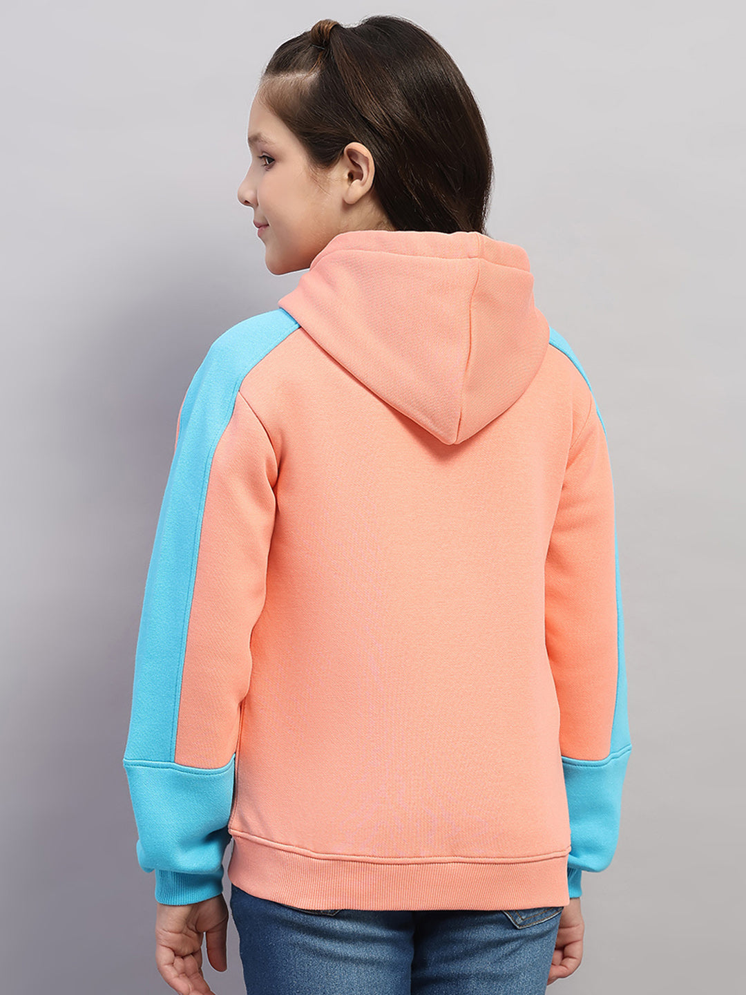 Girls Peach Printed Hooded Full Sleeve Sweatshirt