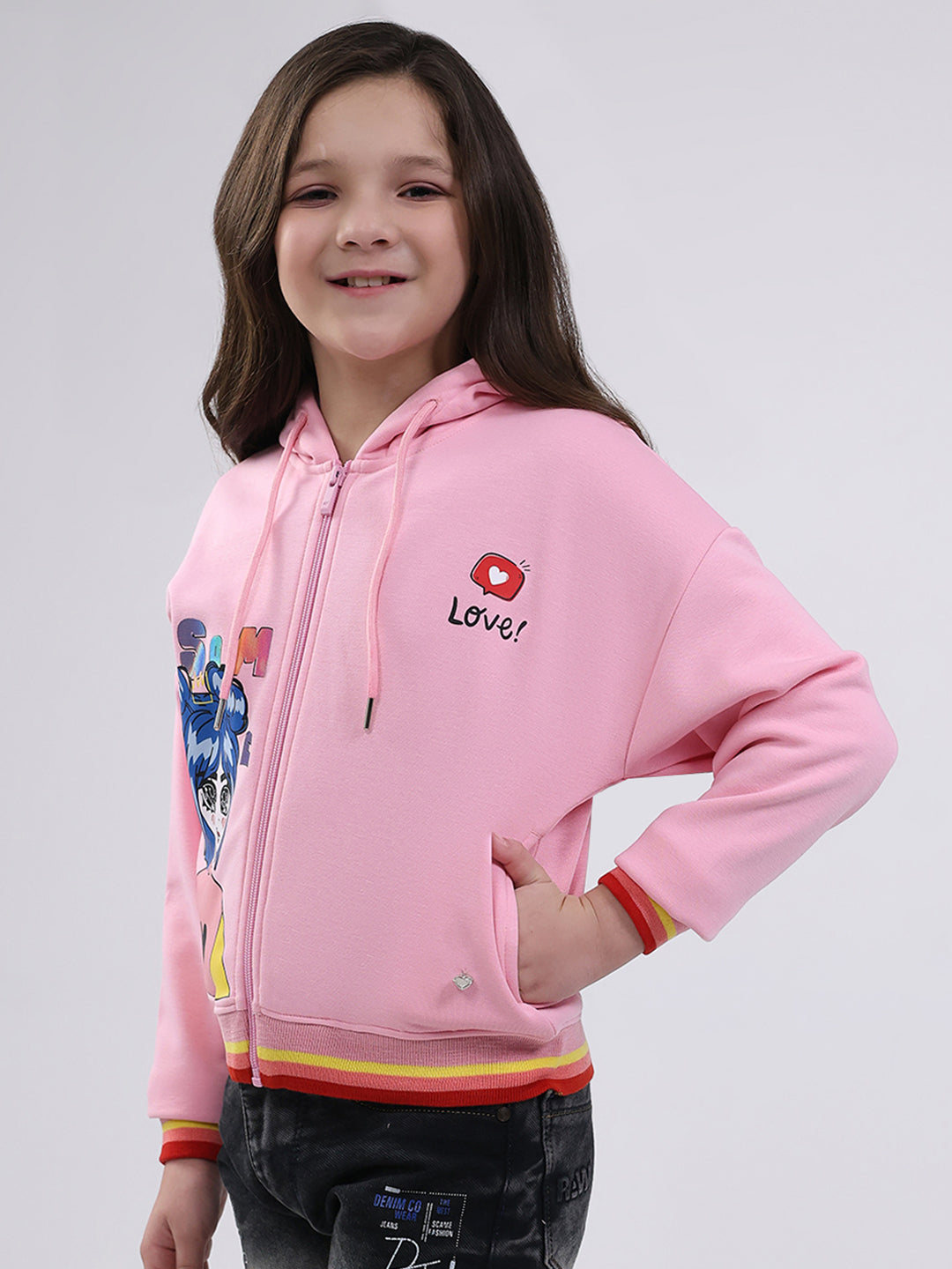 Girls Pink Printed Hooded Full Sleeve Sweatshirt