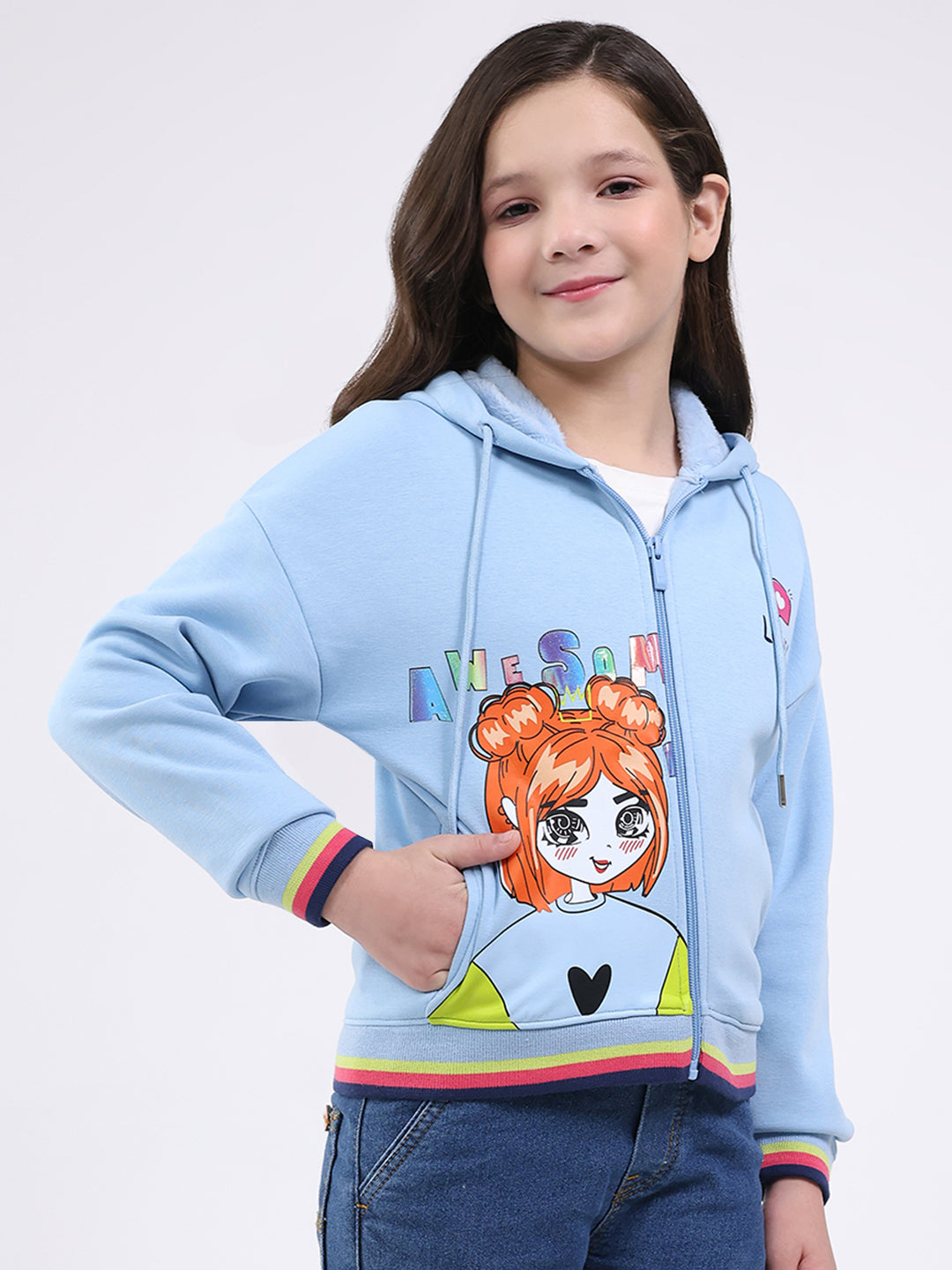 Girls Sky Blue Printed Hooded Full Sleeve Sweatshirt