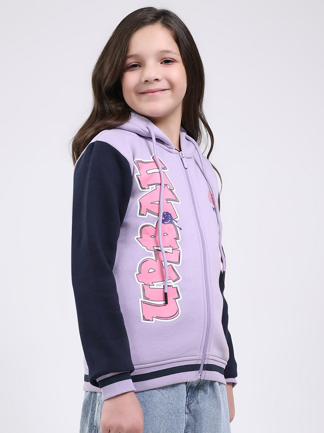 Girls Purple Printed Hooded Full Sleeve Sweatshirt