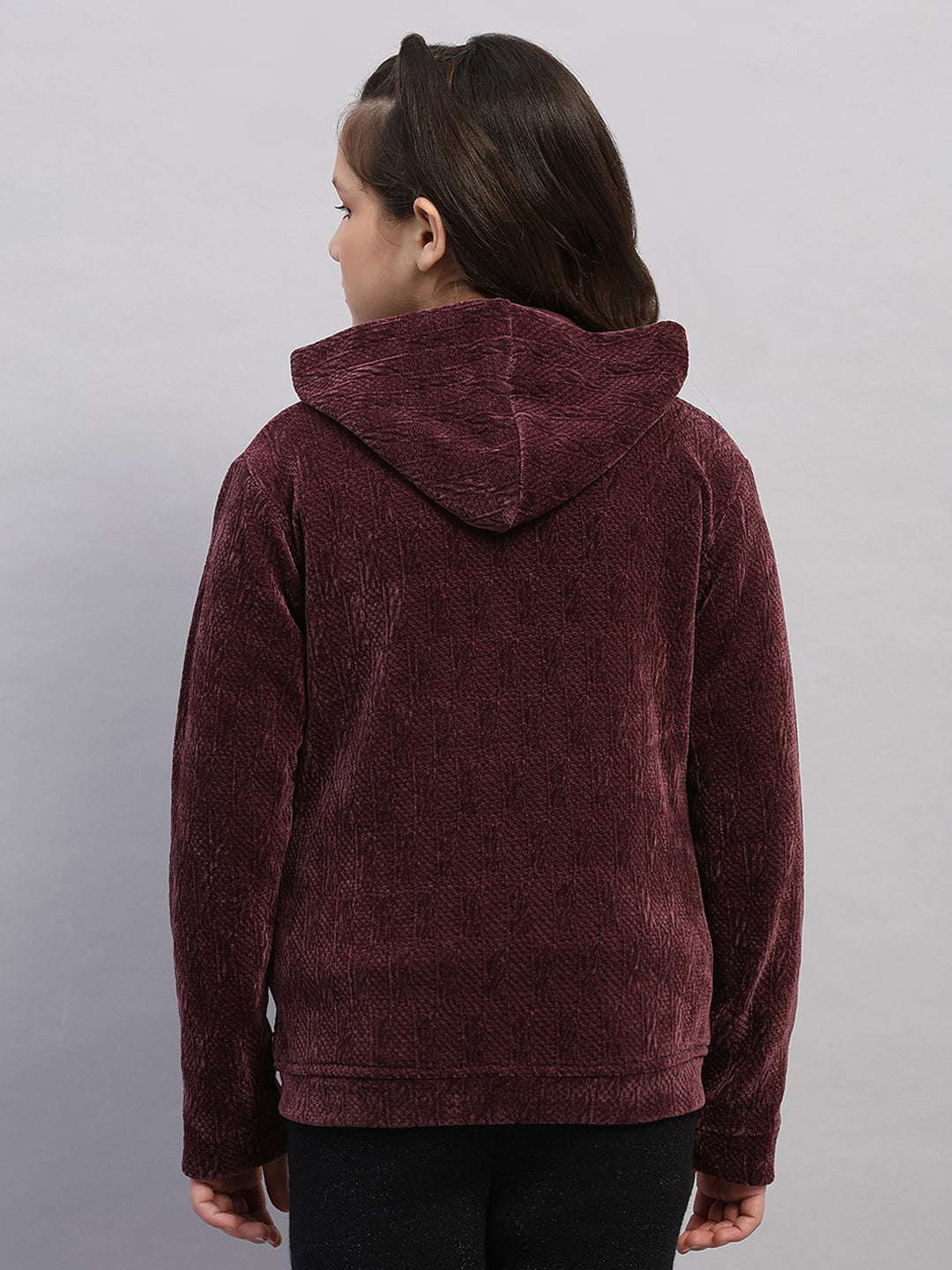 Girls Burgundy Self Design Hooded Full Sleeve Sweatshirt
