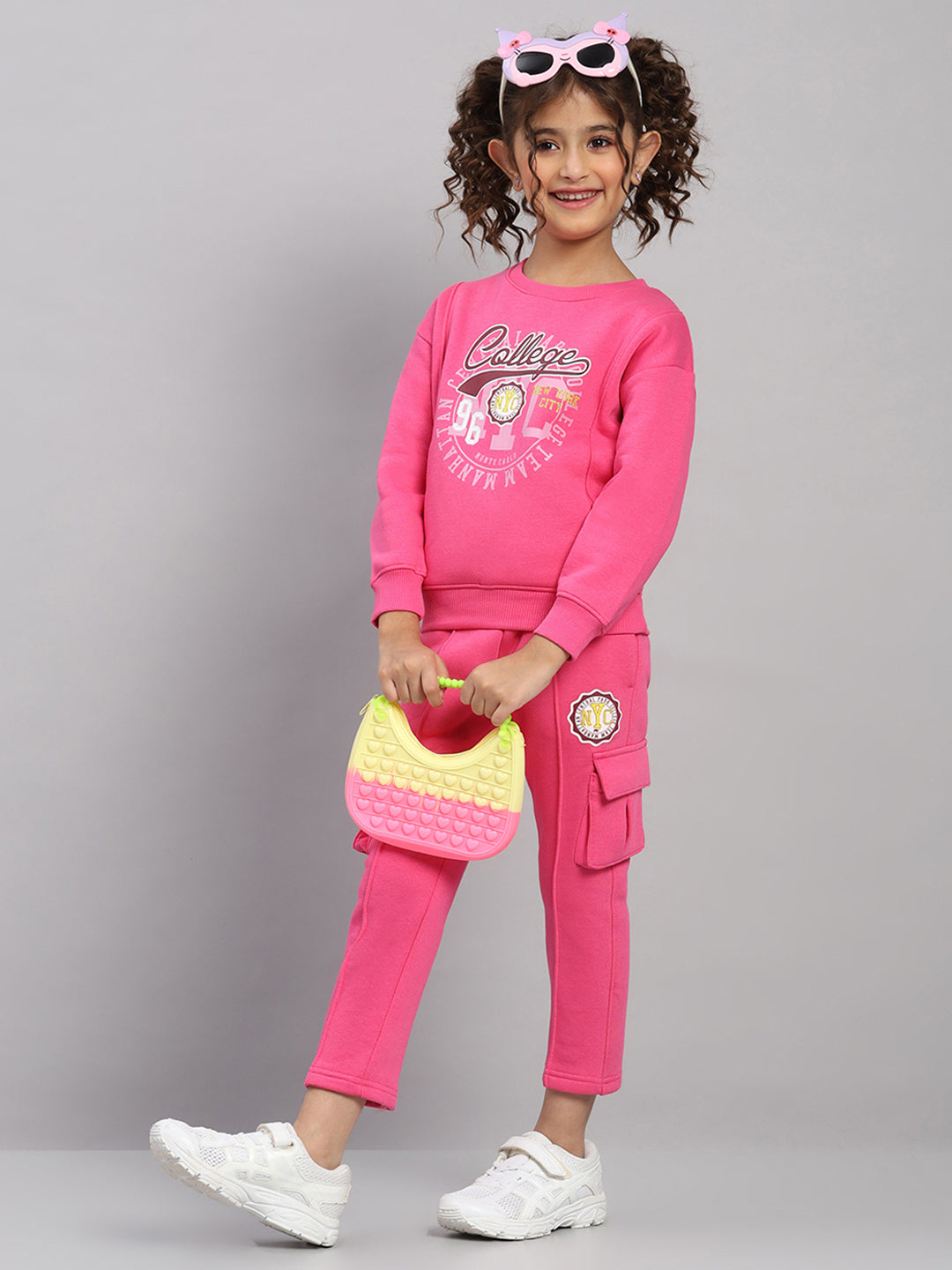 Girls Magenta Printed Round Neck Full Sleeve Tracksuit