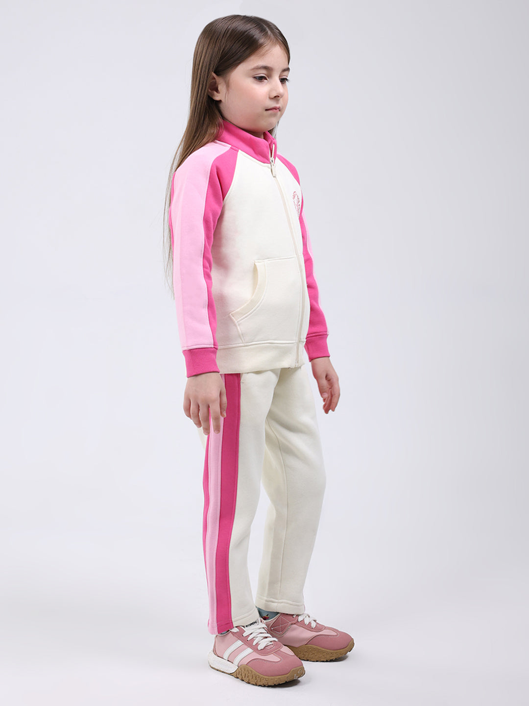 Girls Cream Printed Mock Neck Full Sleeve Tracksuit