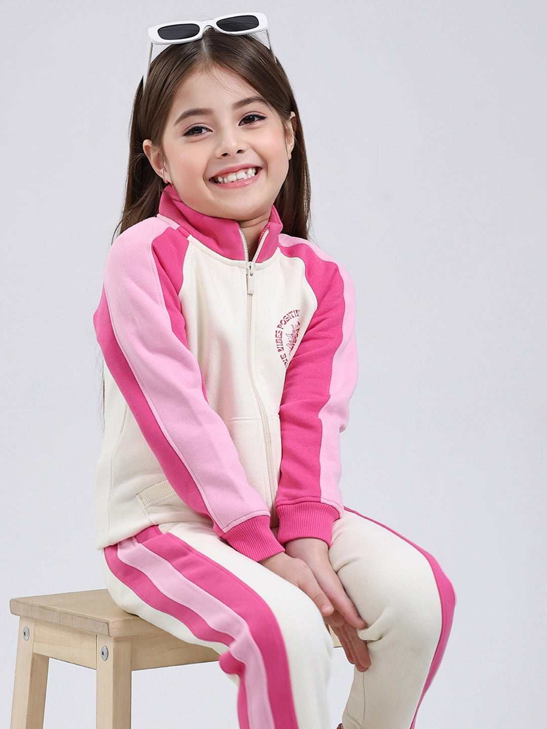 Girls Cream Printed Mock Neck Full Sleeve Tracksuit