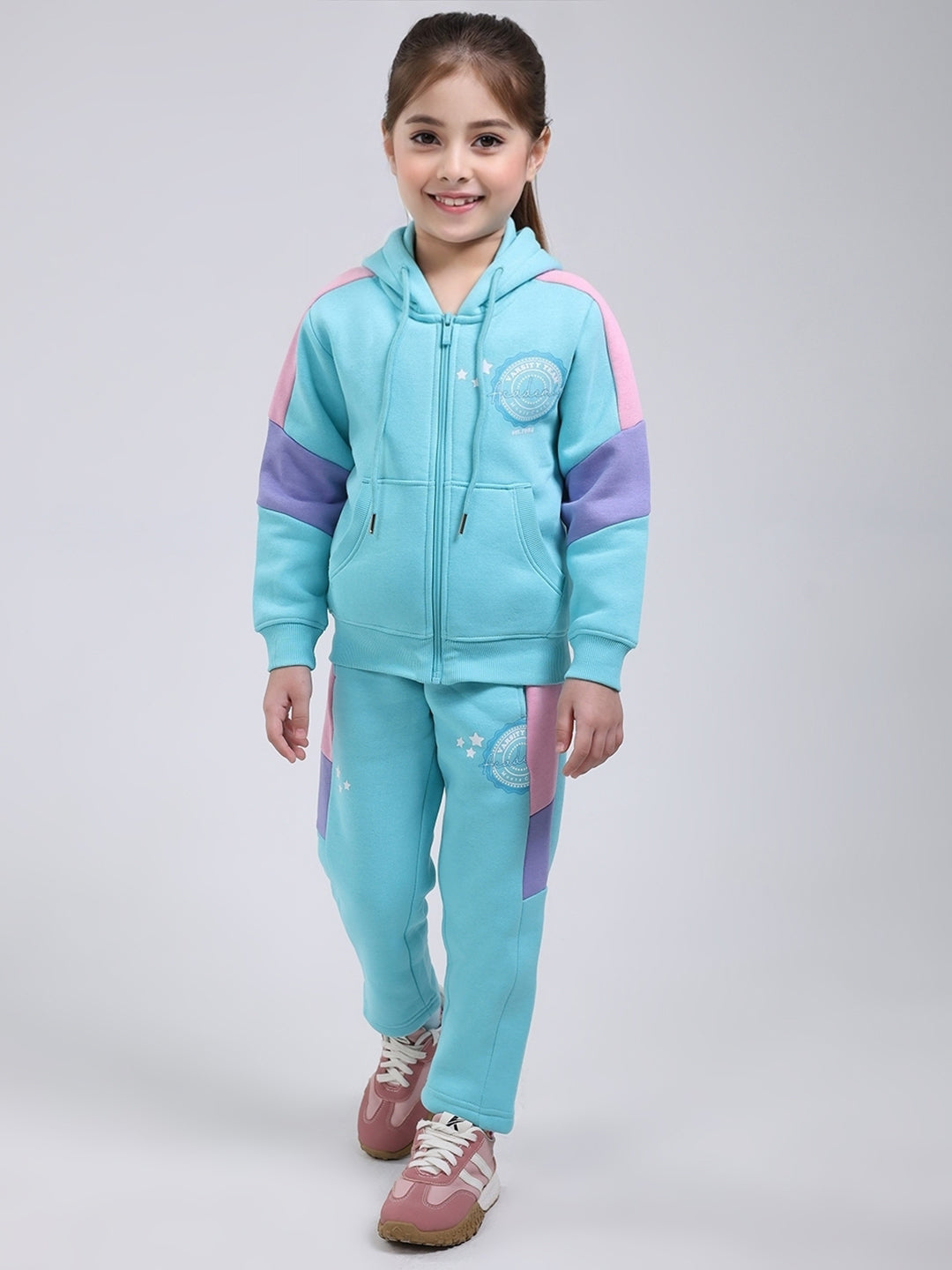 Girls Blue Printed Hooded Full Sleeve Tracksuit