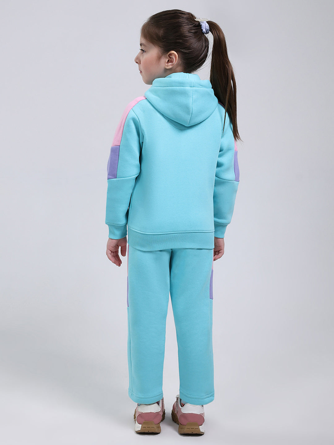 Girls Blue Printed Hooded Full Sleeve Tracksuit