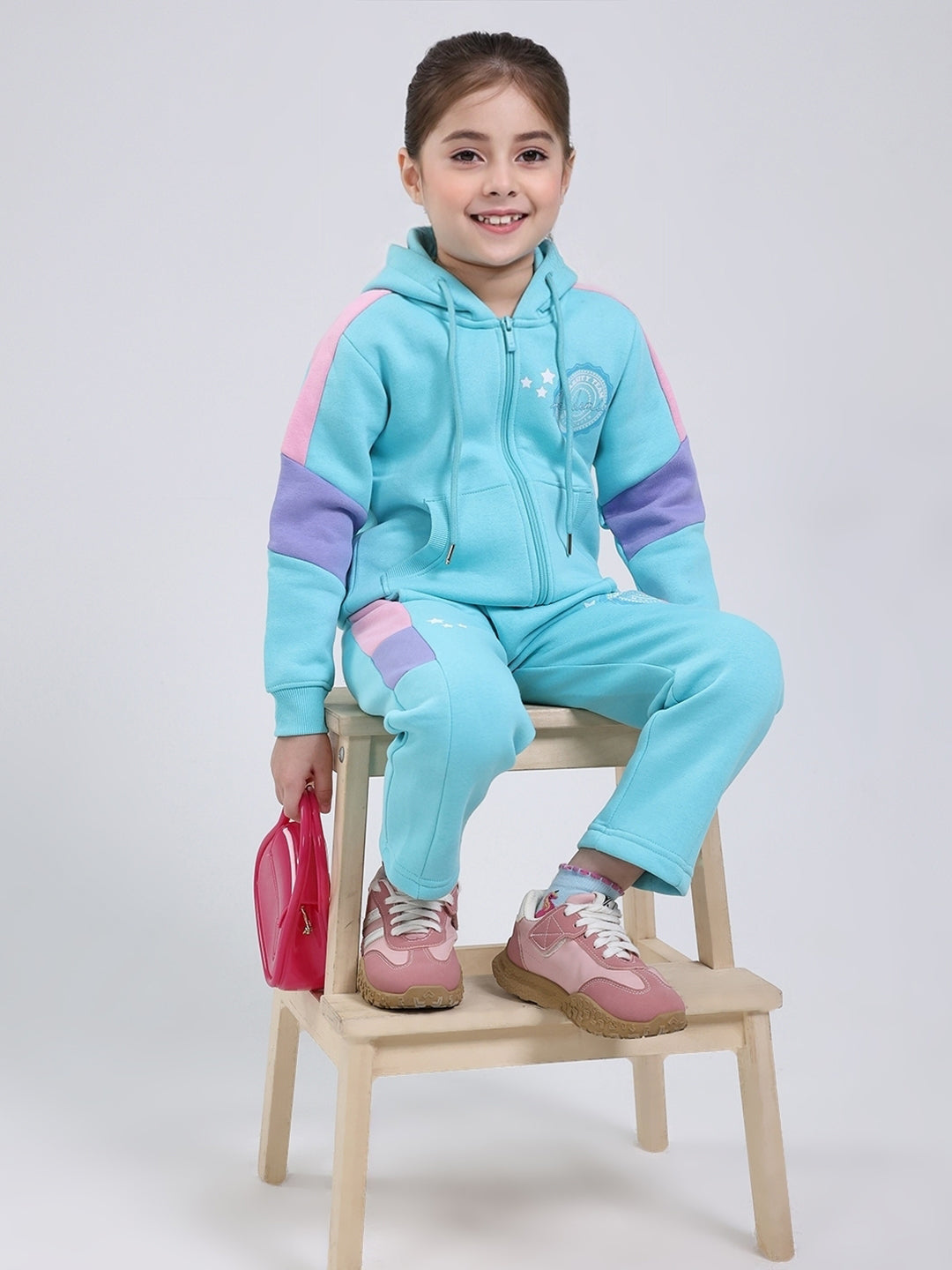 Girls Blue Printed Hooded Full Sleeve Tracksuit