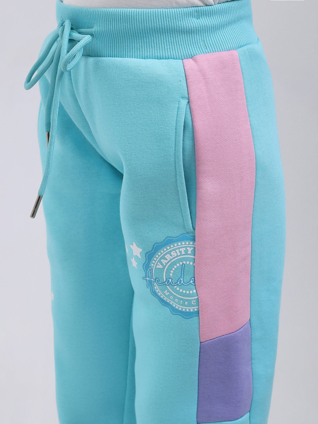 Girls Blue Printed Hooded Full Sleeve Tracksuit