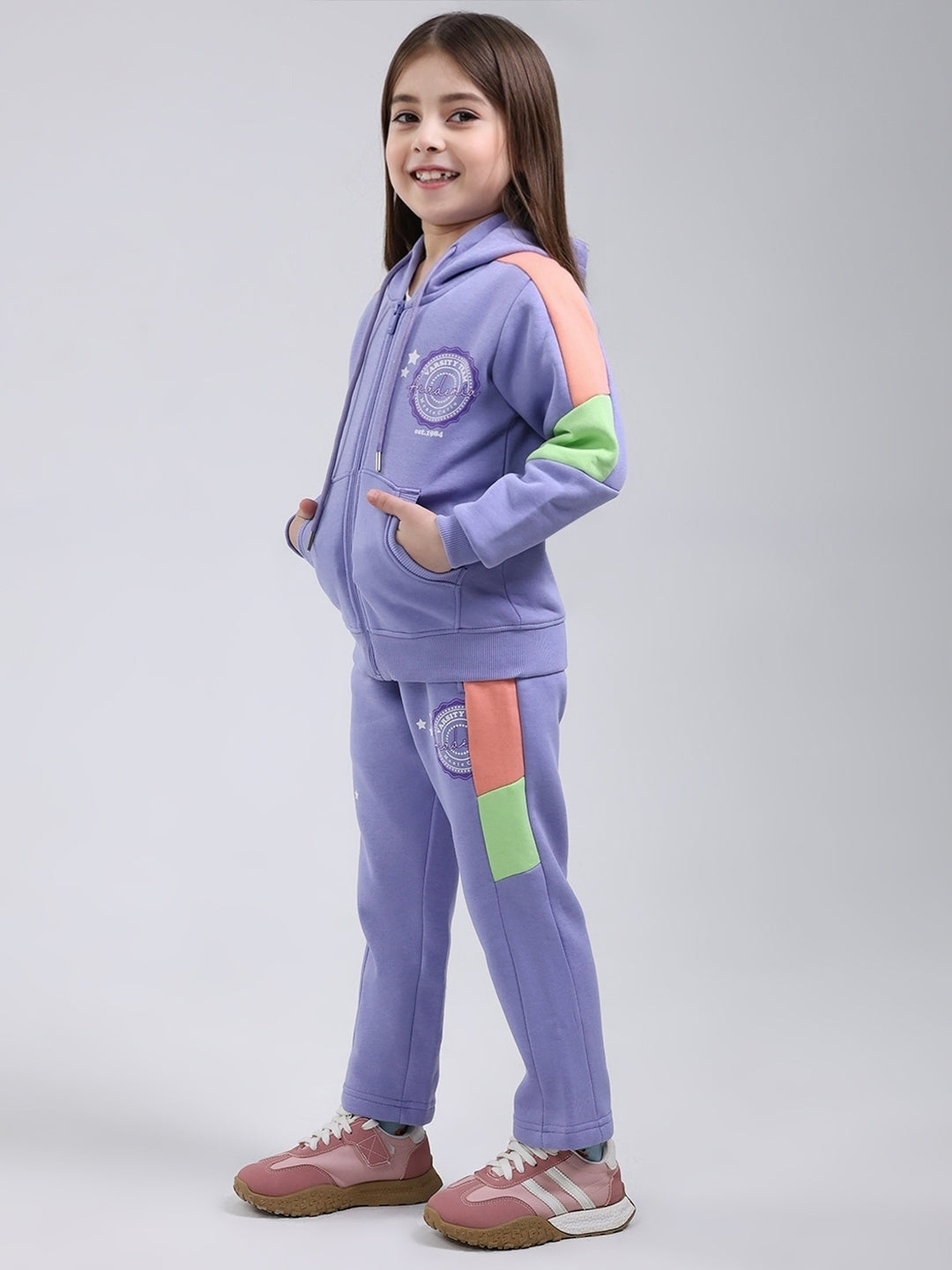 Girls Purple Printed Hooded Full Sleeve Tracksuit