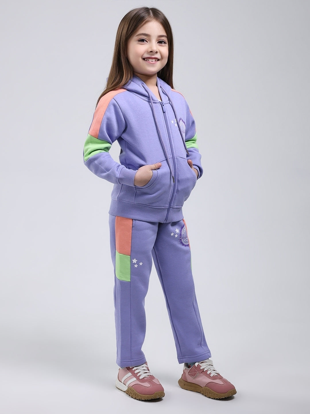 Girls Purple Printed Hooded Full Sleeve Tracksuit