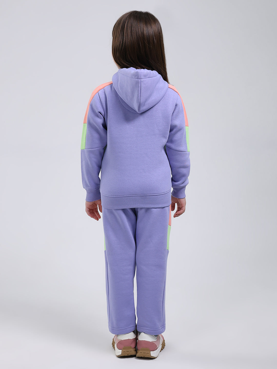 Girls Purple Printed Hooded Full Sleeve Tracksuit