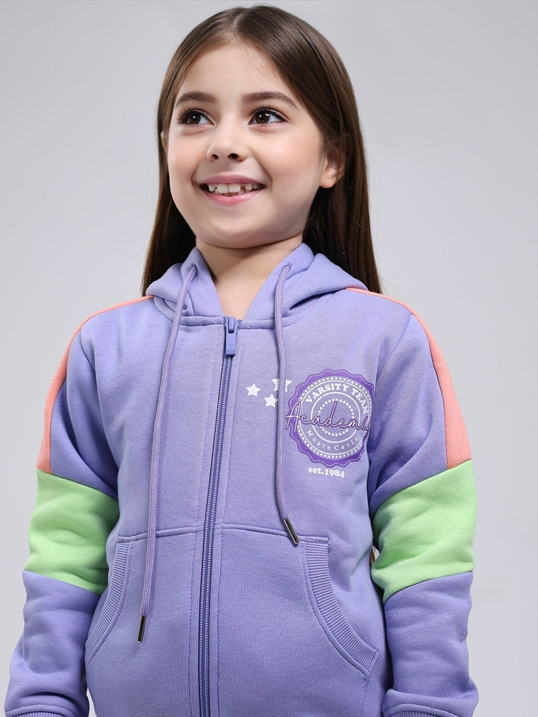 Girls Purple Printed Hooded Full Sleeve Tracksuit